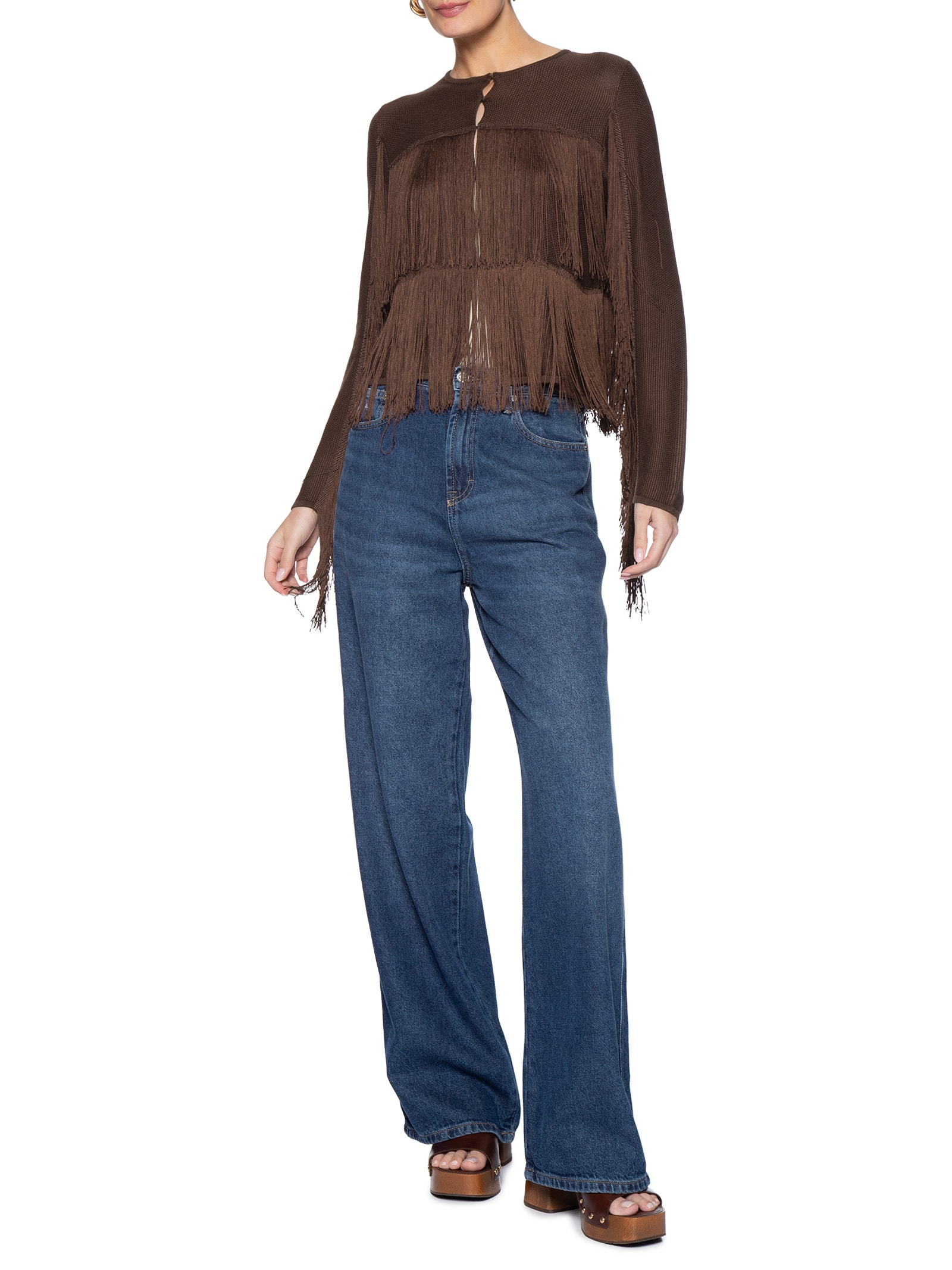 Ai Cardigan Feminino  Tricot Franjas Marrom Maria Filó