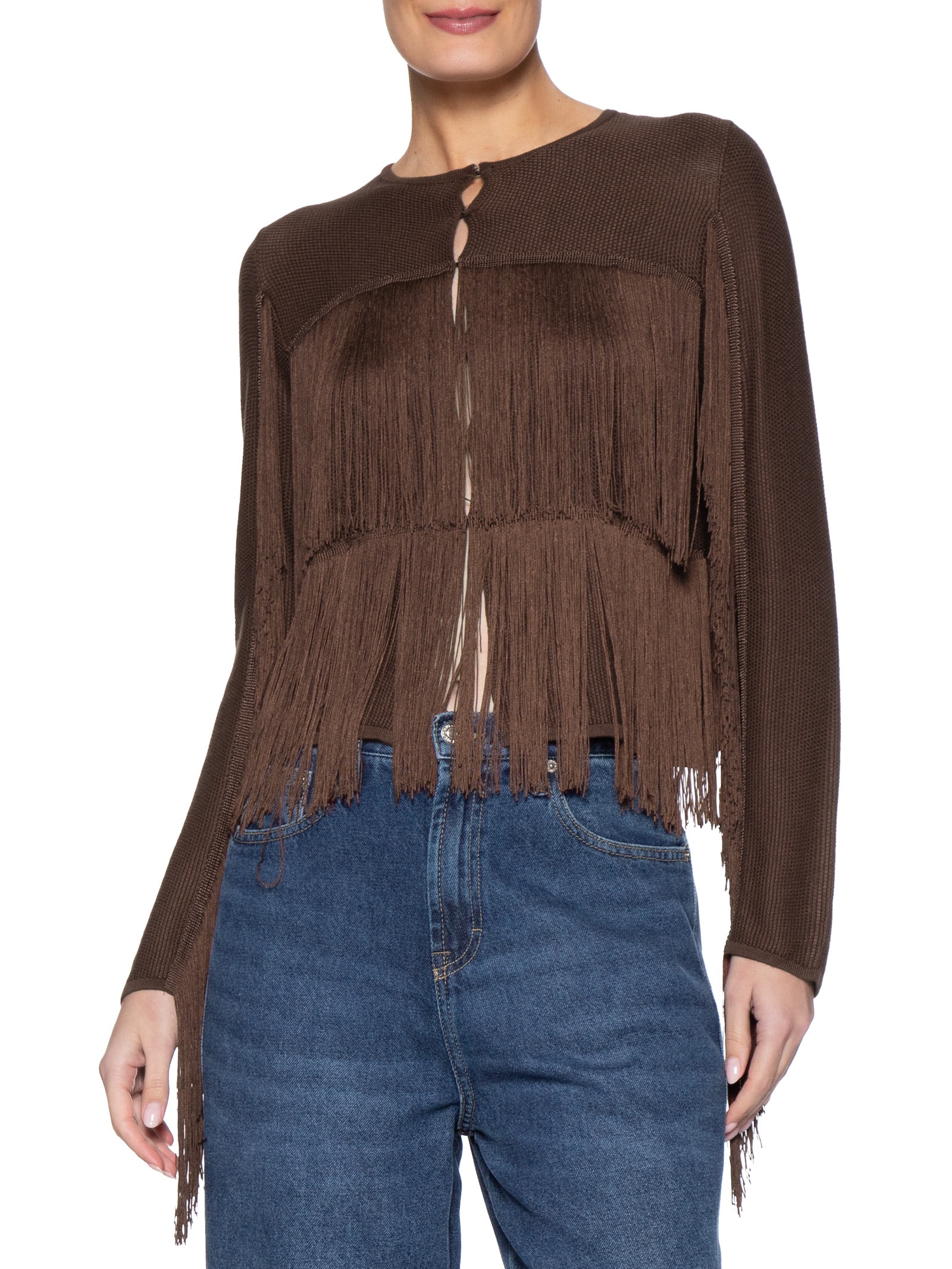 Ai Cardigan Feminino  Tricot Franjas Marrom Maria Filó