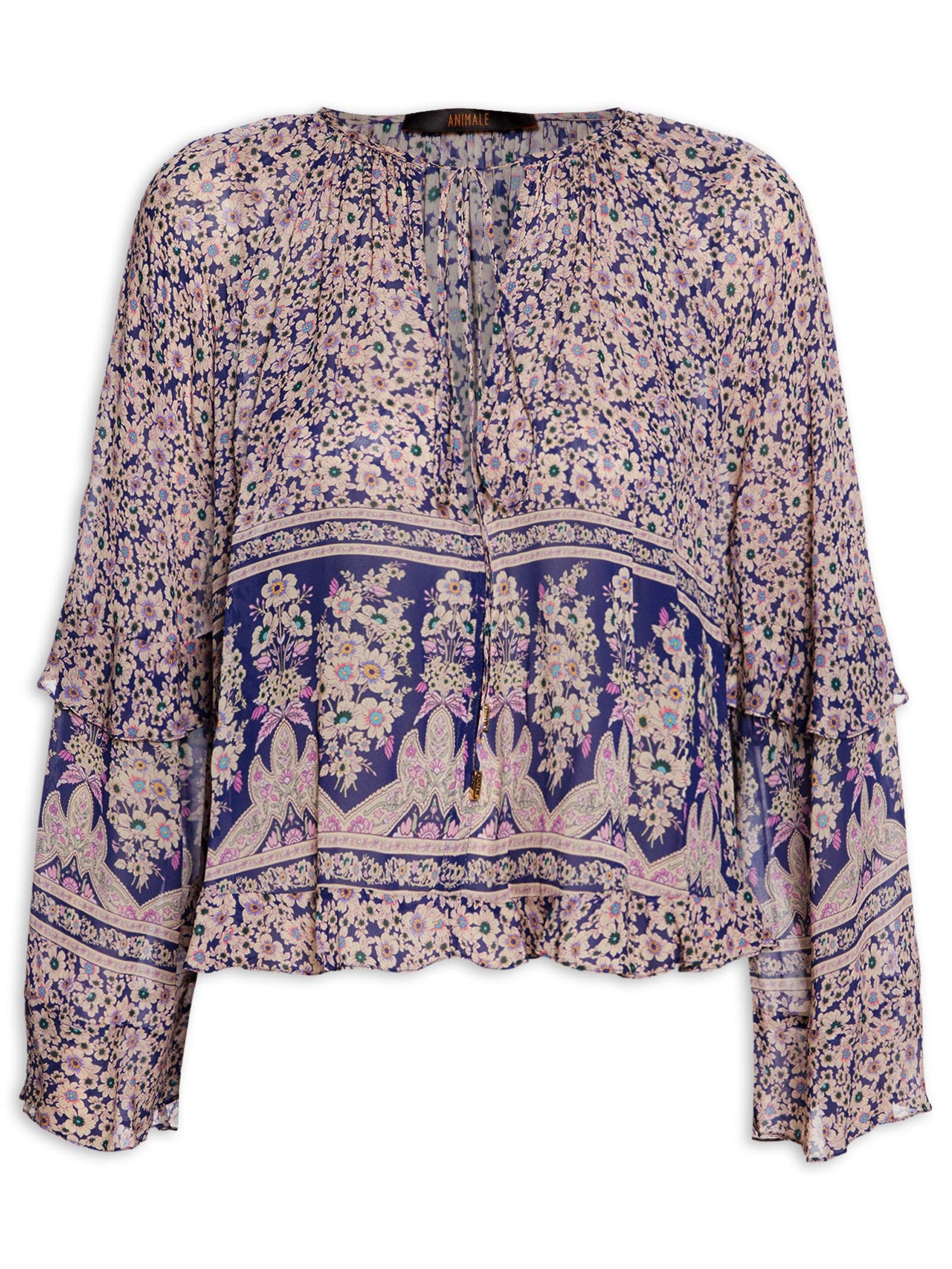 Bata Feminina De Georgette Estampada Manga Ampla Azul Animale