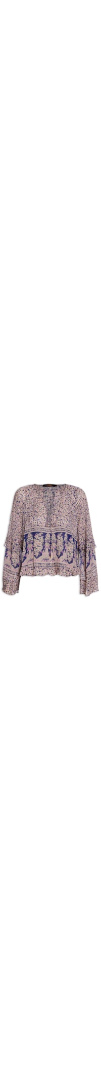 Bata Feminina De Georgette Estampada Manga Ampla - Azul