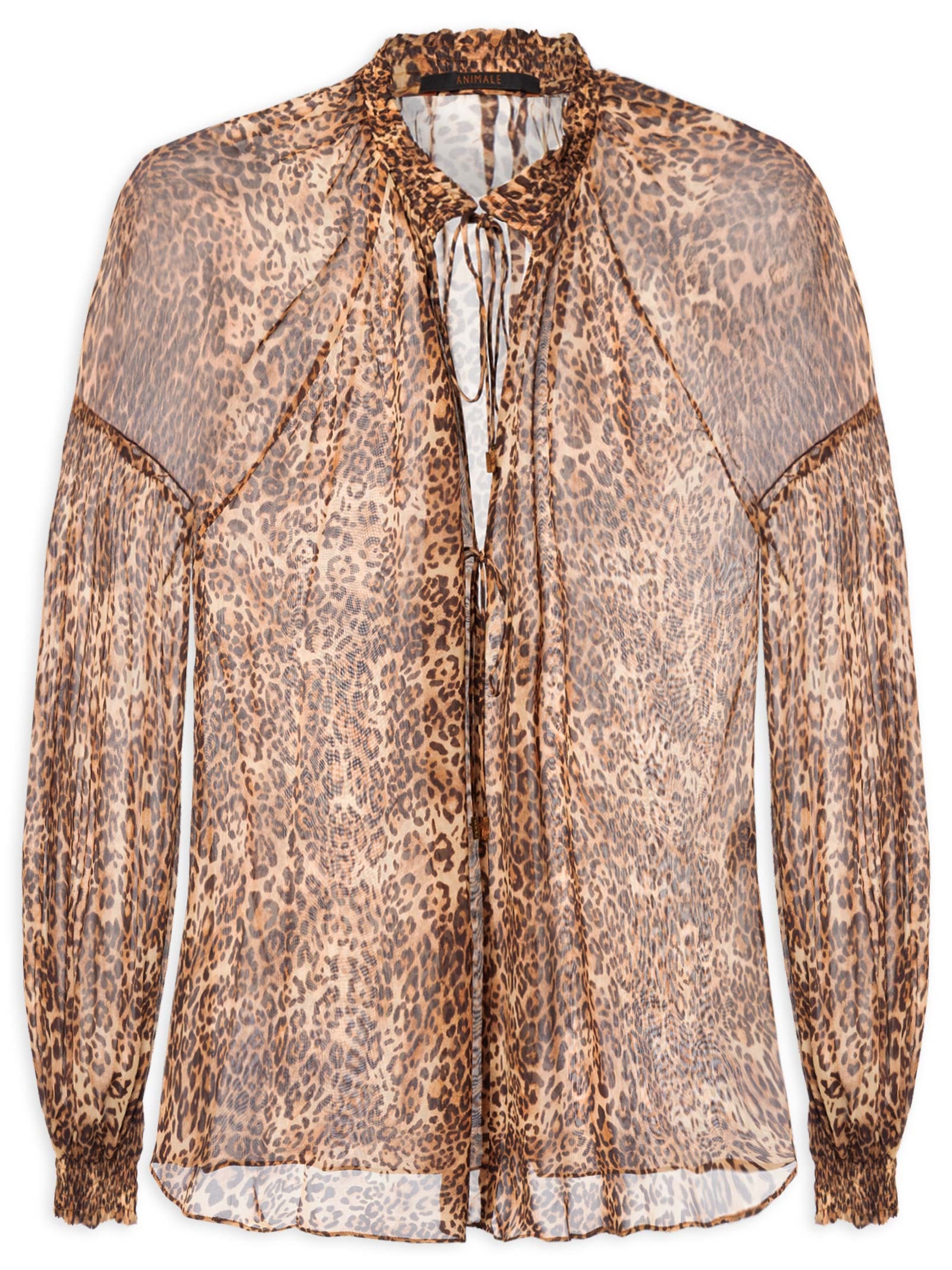 Bata Feminina De Georgette Manga Longa Estampada Decote V Animal Print Animale