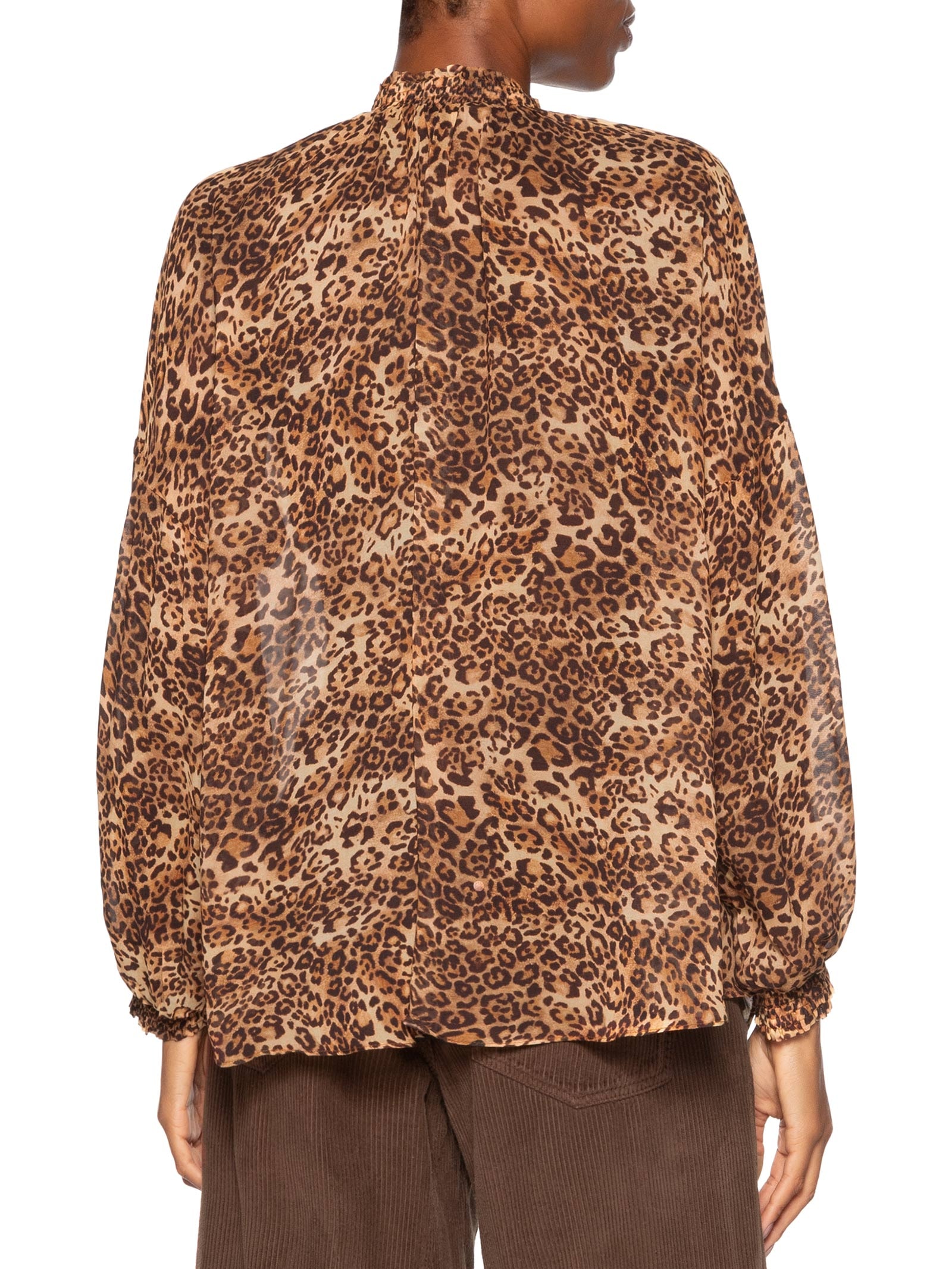 Bata Feminina De Georgette Manga Longa Estampada Decote V Animal Print Animale