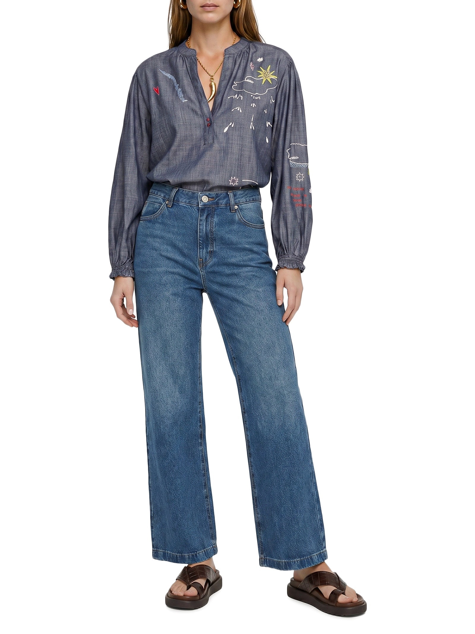 Bata Feminina Jeans Bordado Desrazao Azul Cantão