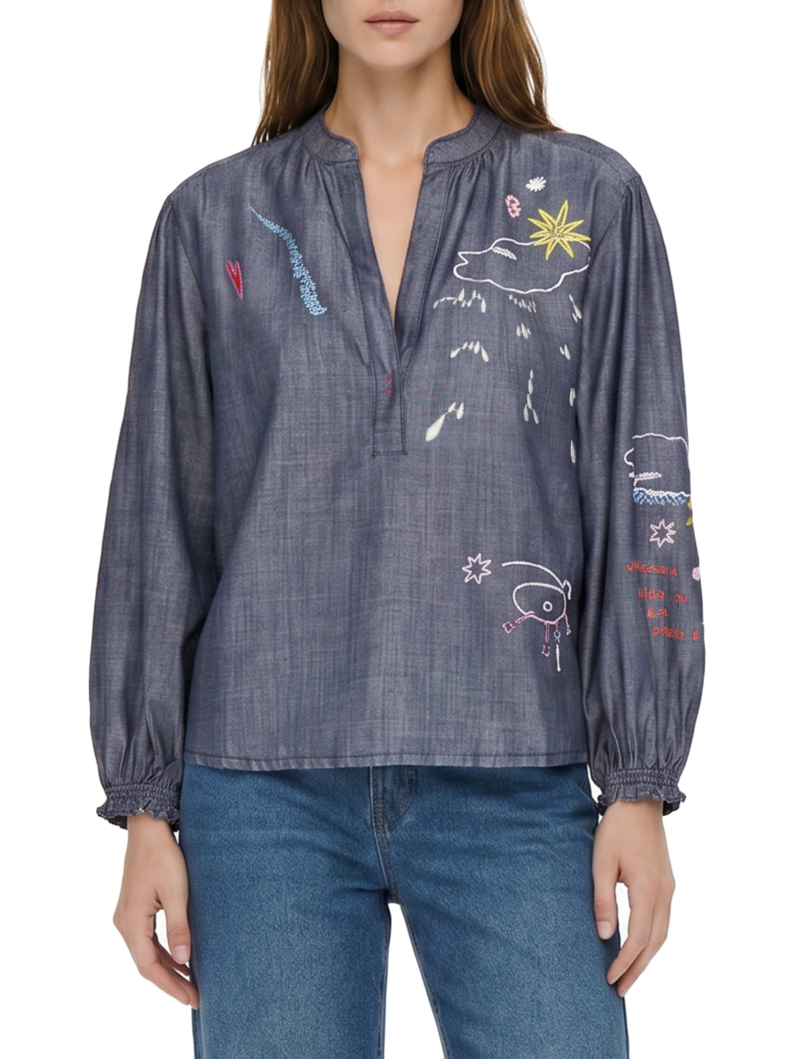 Bata Feminina Jeans Bordado Desrazao Azul Cantão