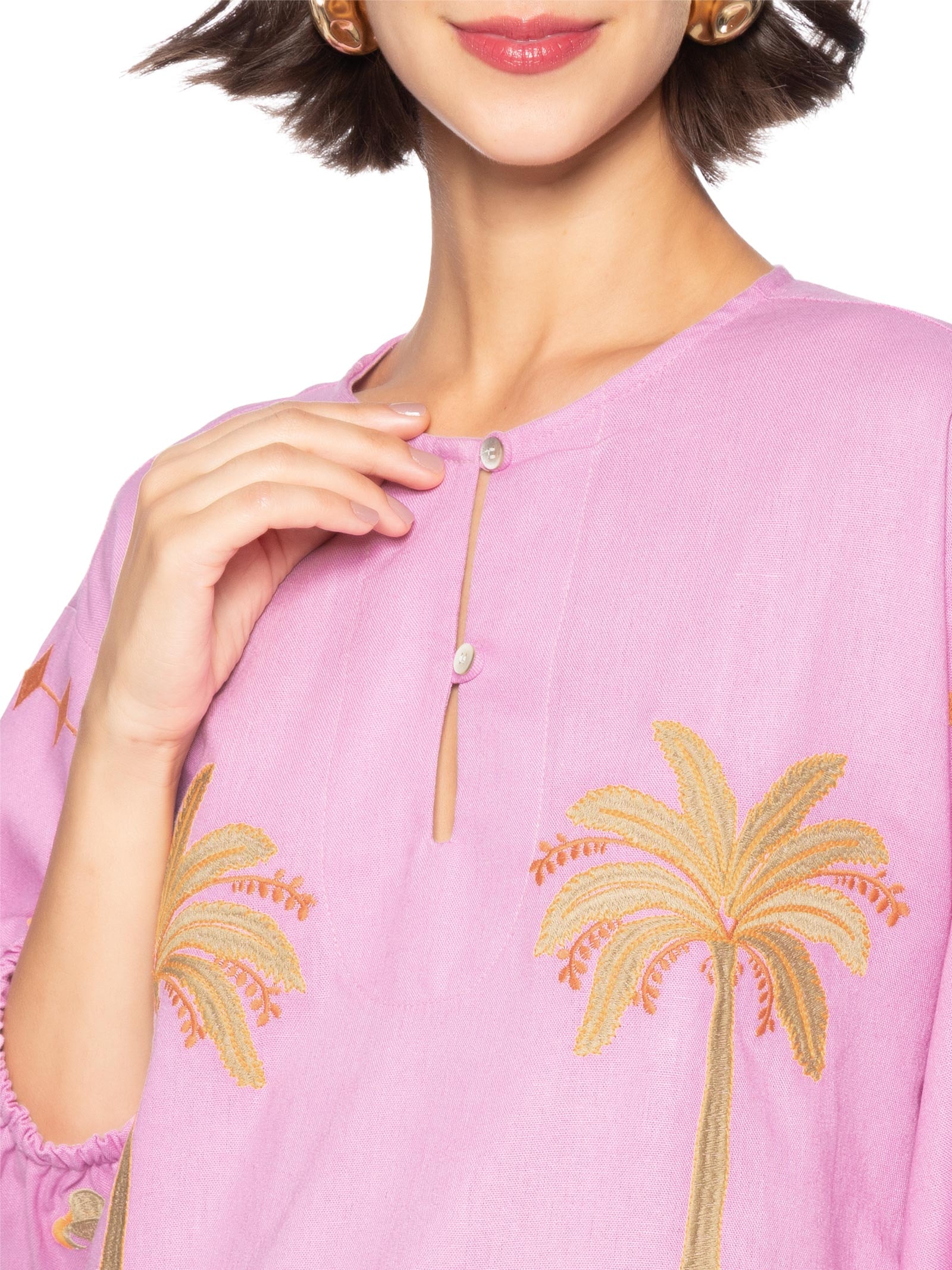 Bata Feminina Linho Bordado Miragem Rosa Cantão