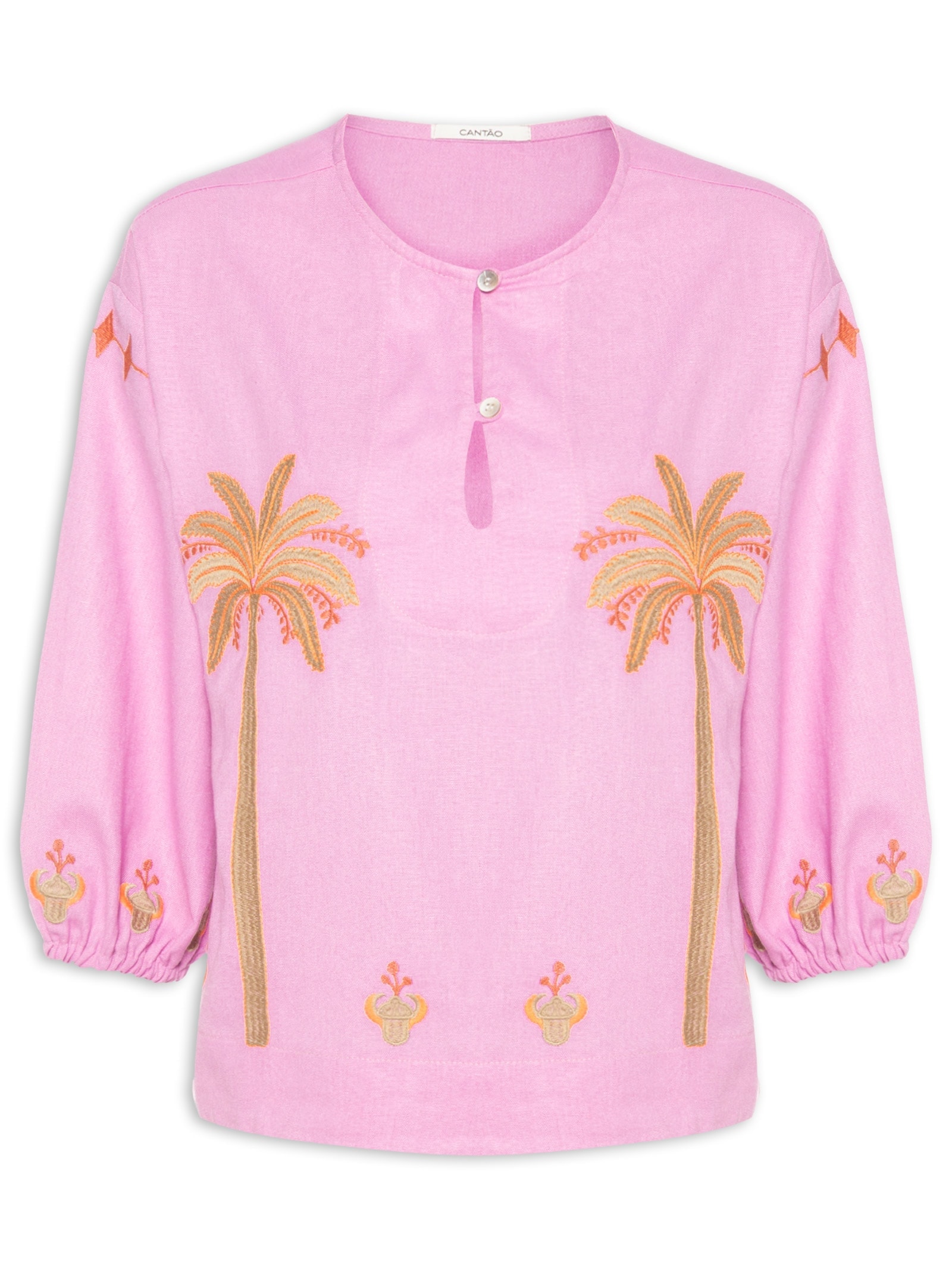 Bata Feminina Linho Bordado Miragem Rosa Cantão