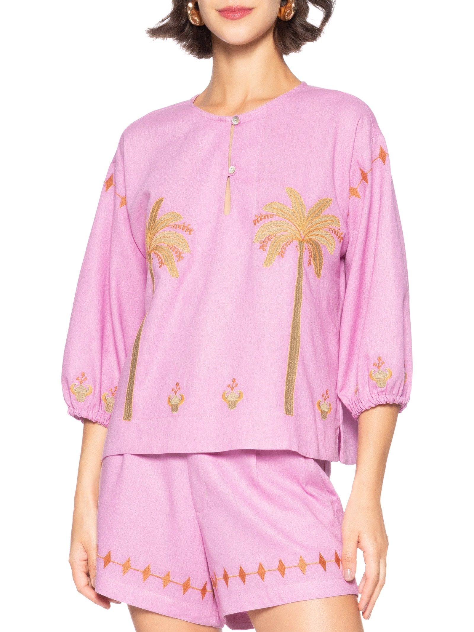 Bata Feminina Linho Bordado Miragem Rosa Cantão