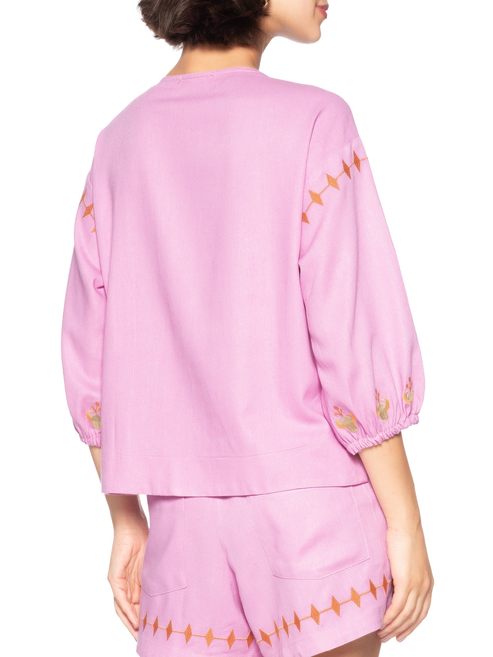 Bata Feminina Linho Bordado Miragem Rosa Cantão