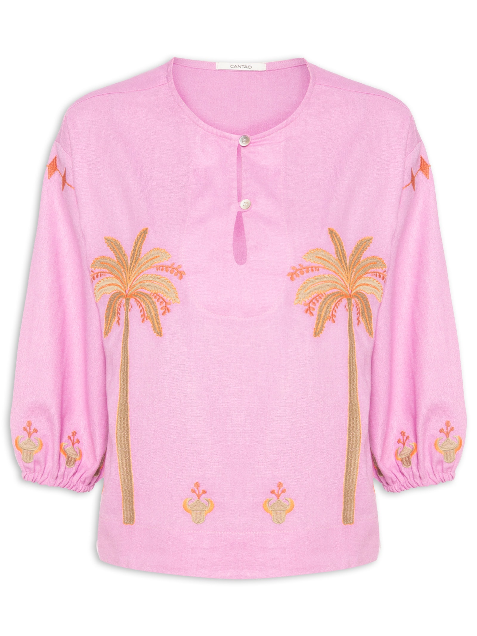 Bata Feminina Linho Bordado Miragem Rosa Cantão