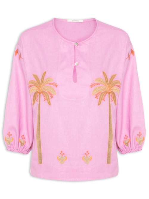 Bata Feminina Linho Bordado Miragem – Rosa