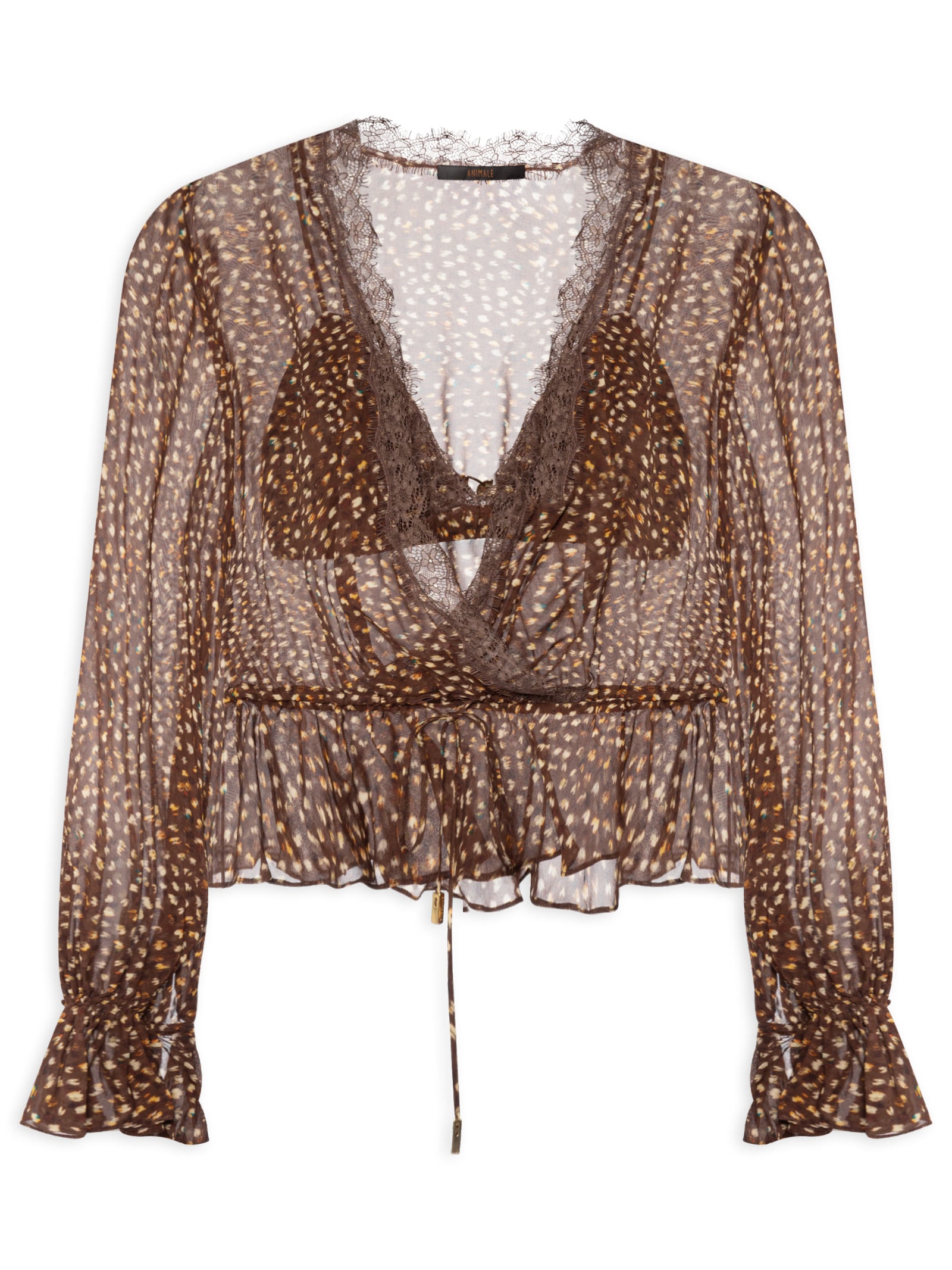 Bata Feminina Peplum Com Renda Textura Selva Marrom Animale
