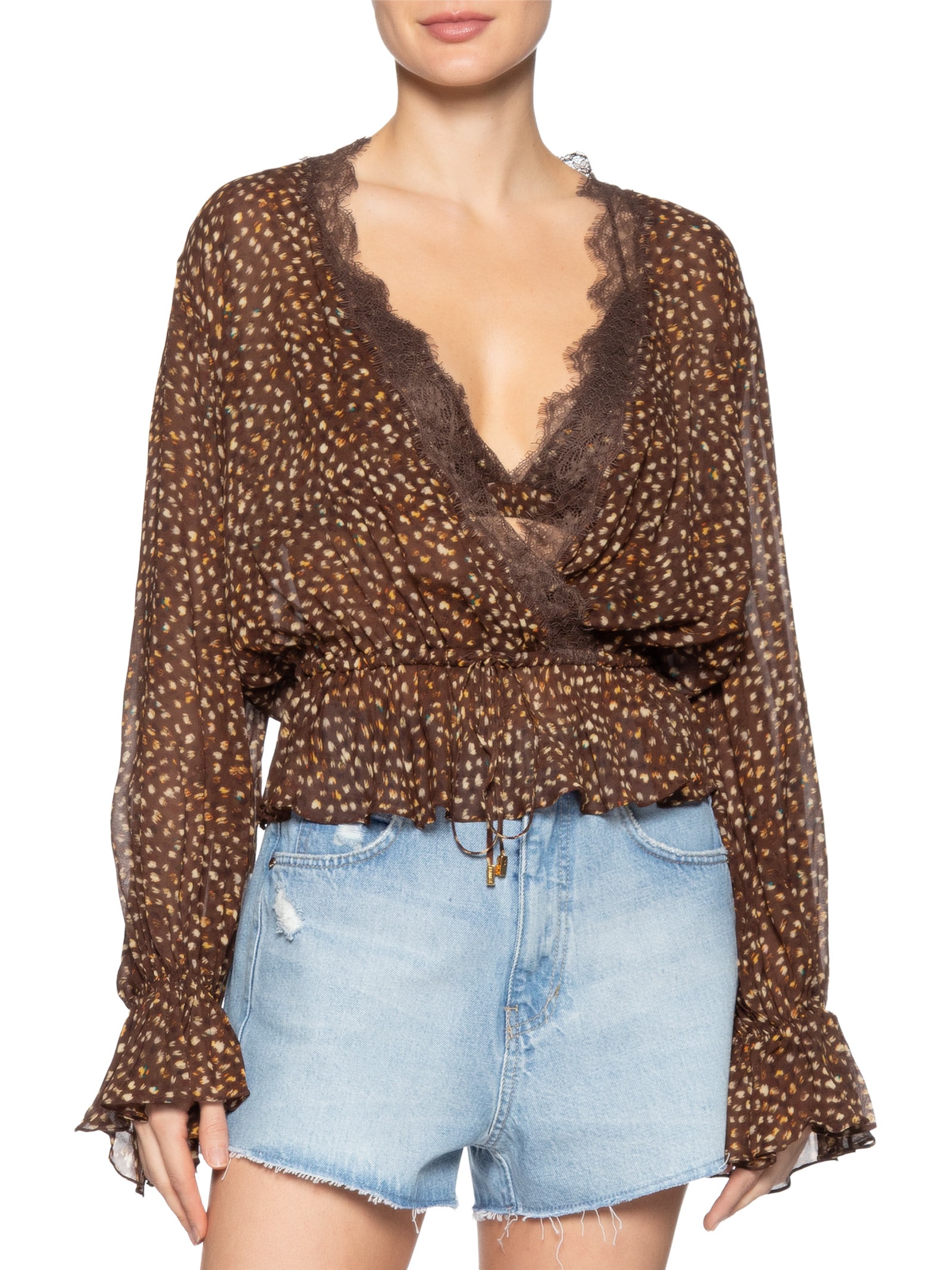 Bata Feminina Peplum Com Renda Textura Selva Marrom Animale