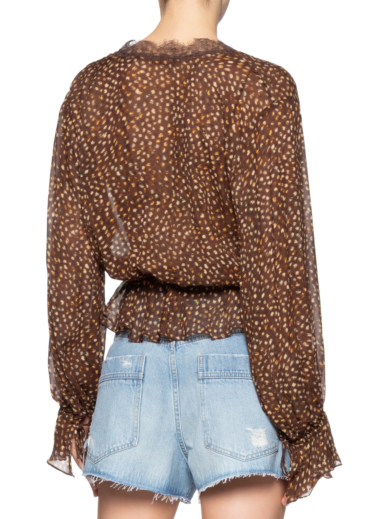 Bata Feminina Peplum Com Renda Textura Selva Marrom Animale