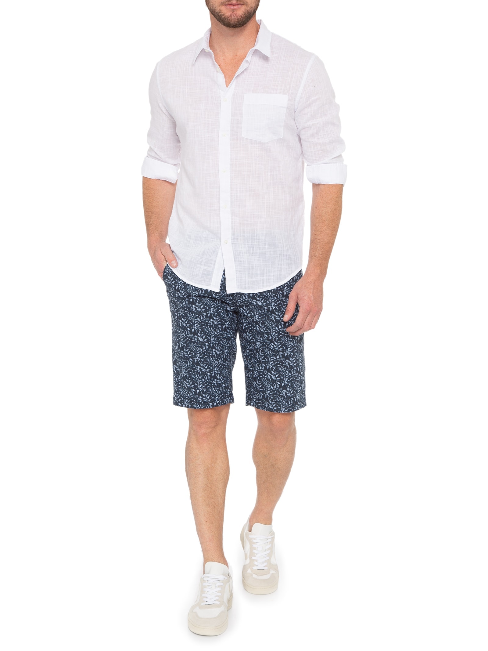 Bermuda Chino Em Linho Estampado Azul  Basiq Men
