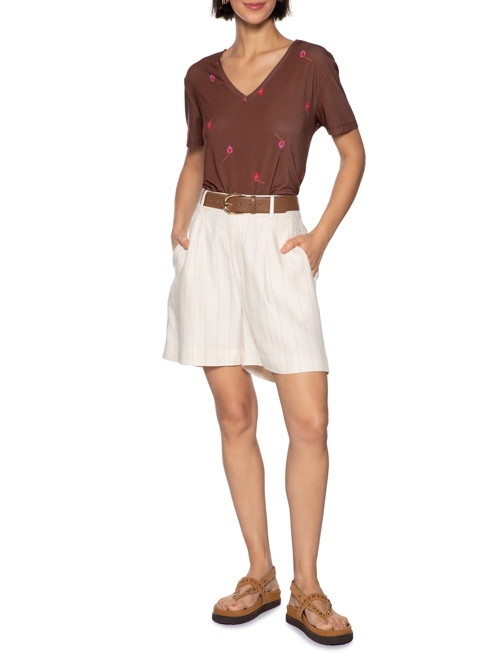 Bermuda Feminina Alf Linho Padrão Listra Pulsar Off White Cantão