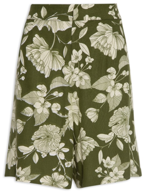 Bermuda Feminina Cintura Alta Linho Misto Estampado – Verde