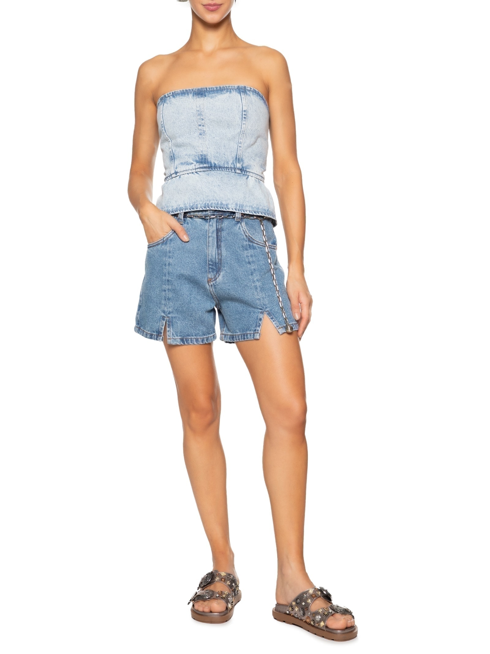 Bermuda Feminina Jeans Basic Midi Fenda Frontal Azul Animale Jeans