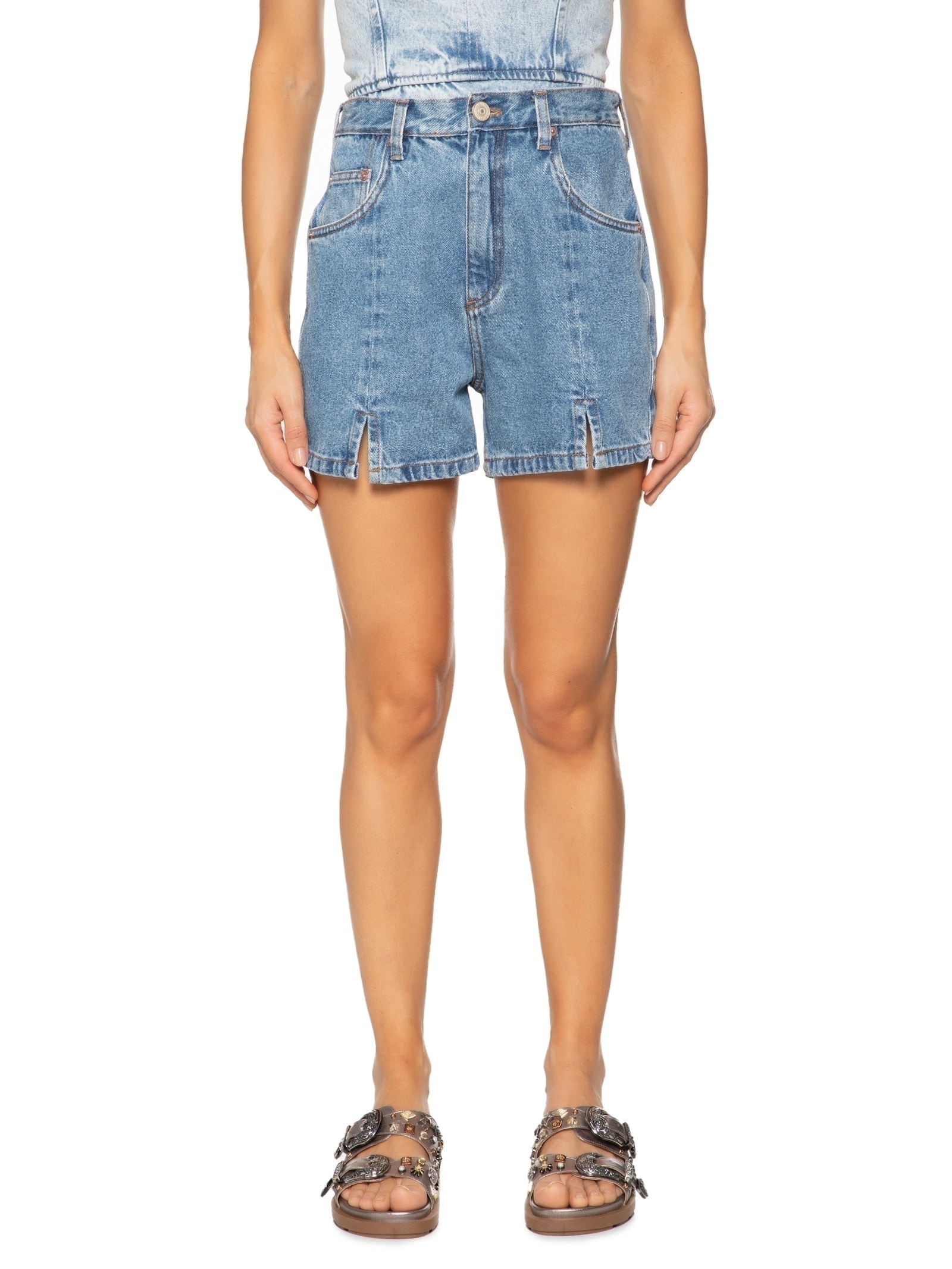 Bermuda Feminina Jeans Basic Midi Fenda Frontal Azul Animale Jeans