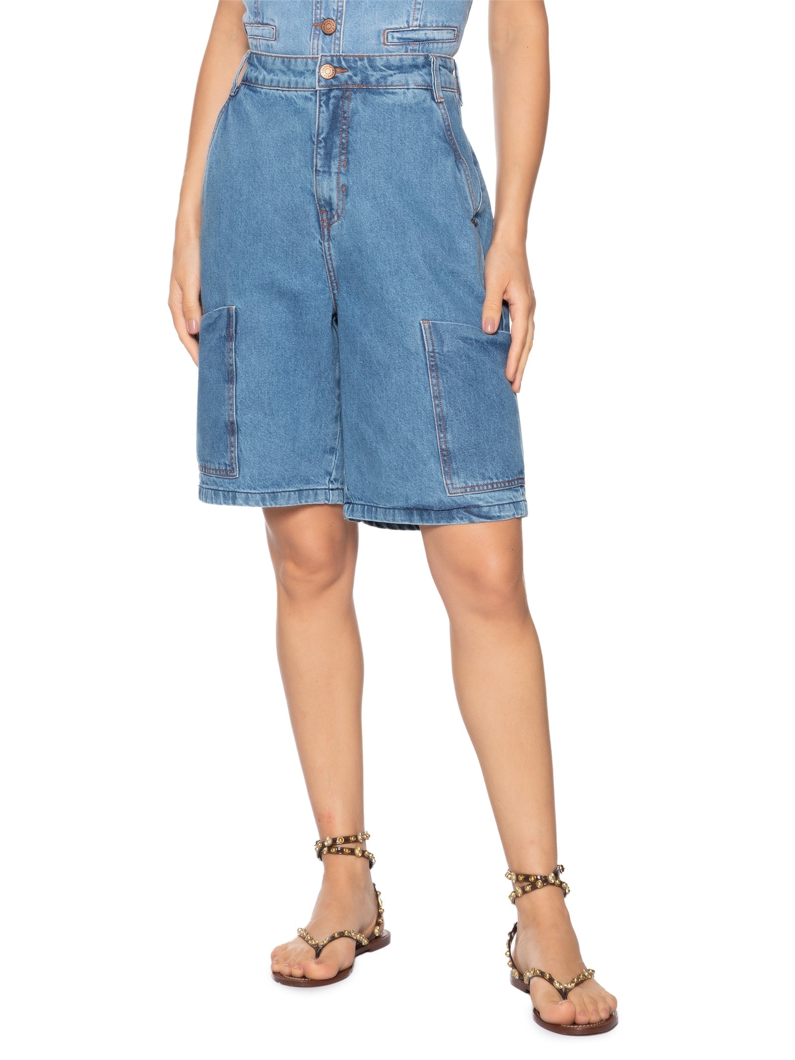 Bermuda Feminina Jeans Bolsos Azul Dress To