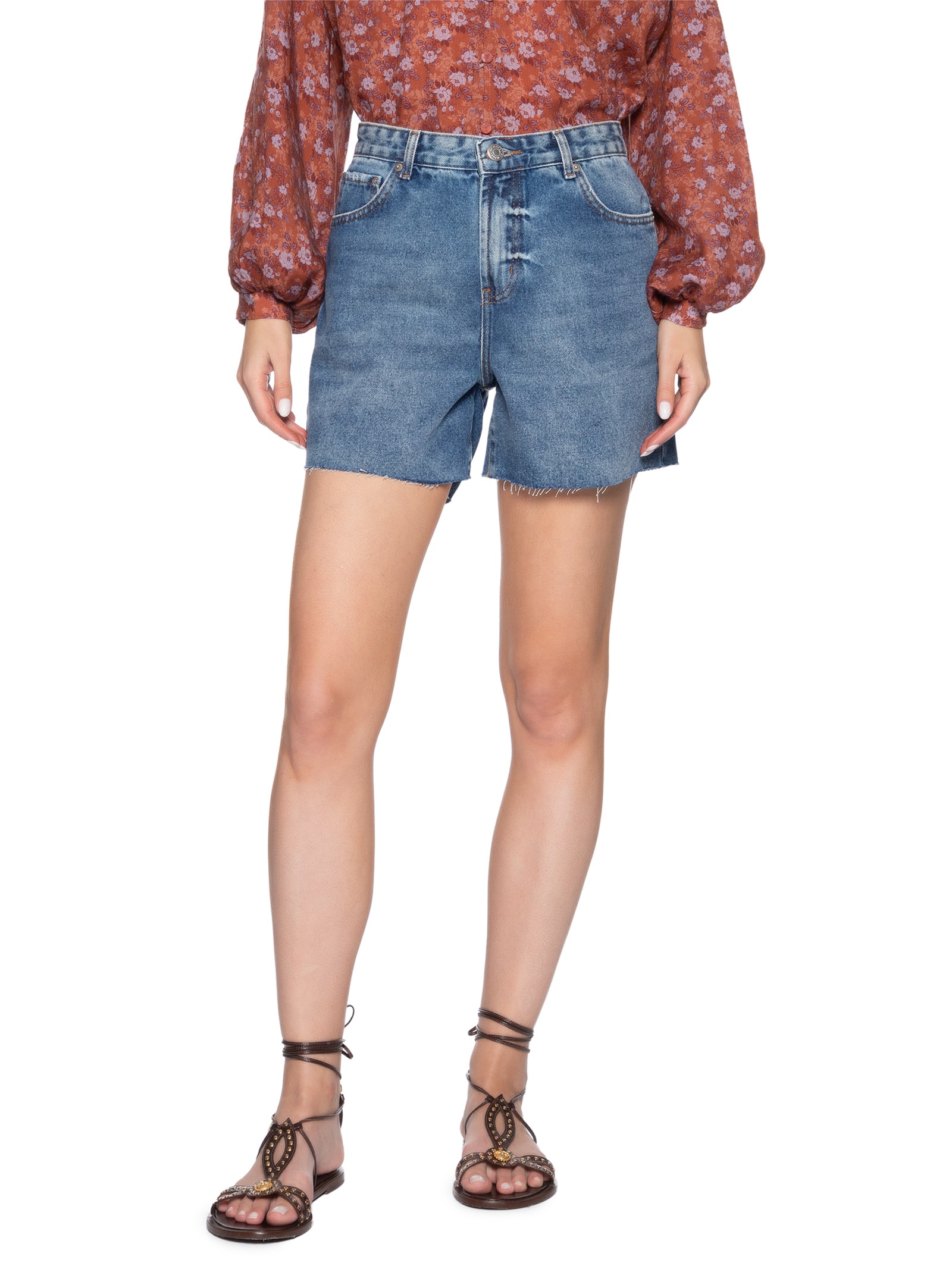 Bermuda Feminina Jeans Five Pockets Used Azul Maria Filó