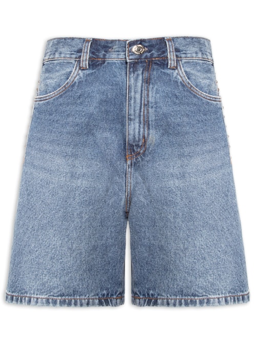Bermuda Feminina Jeans Long Rise Detalhes Tachas – Azul