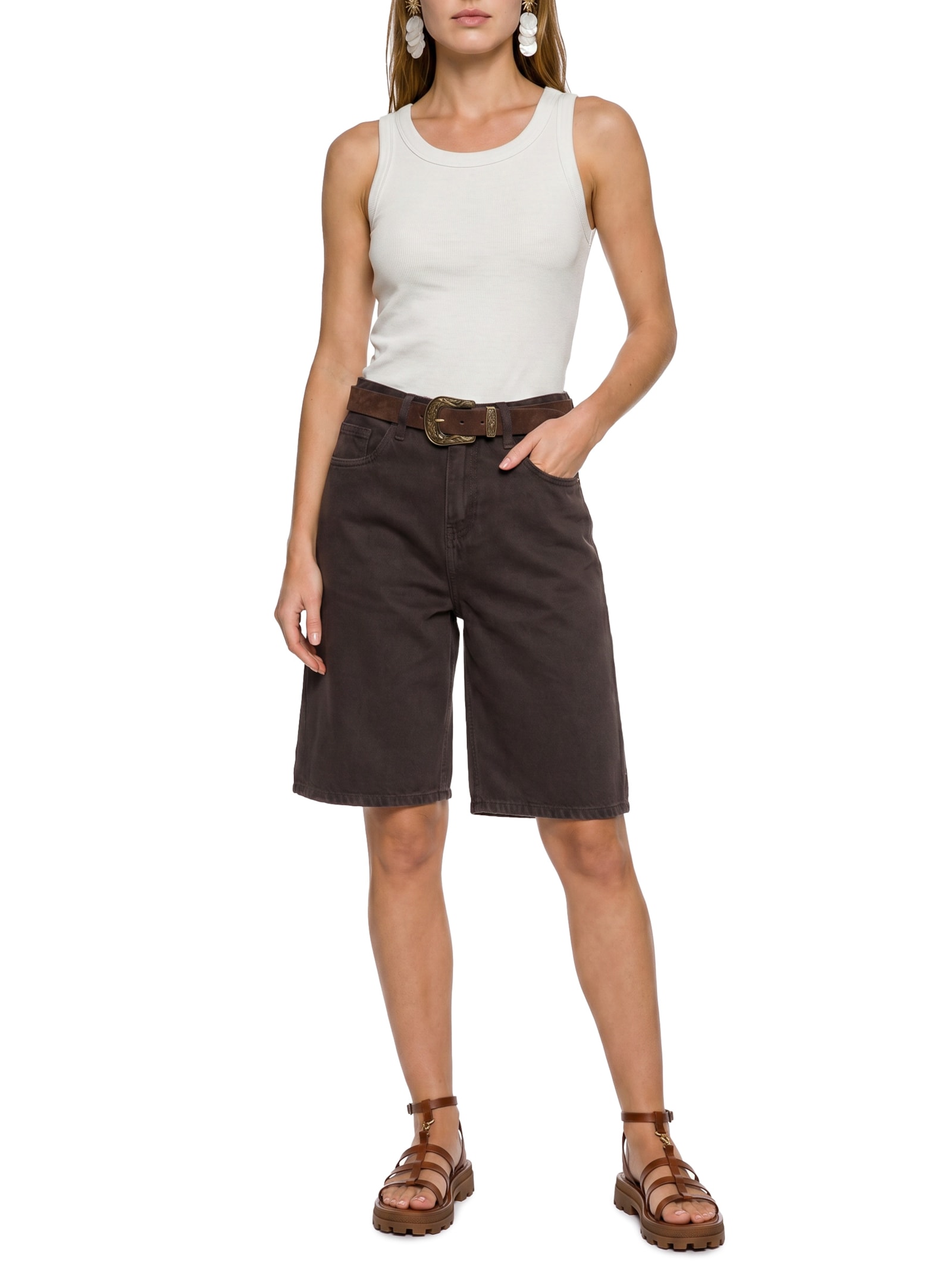 Bermuda Feminina Jeans Sobretinto Marrom Cantão