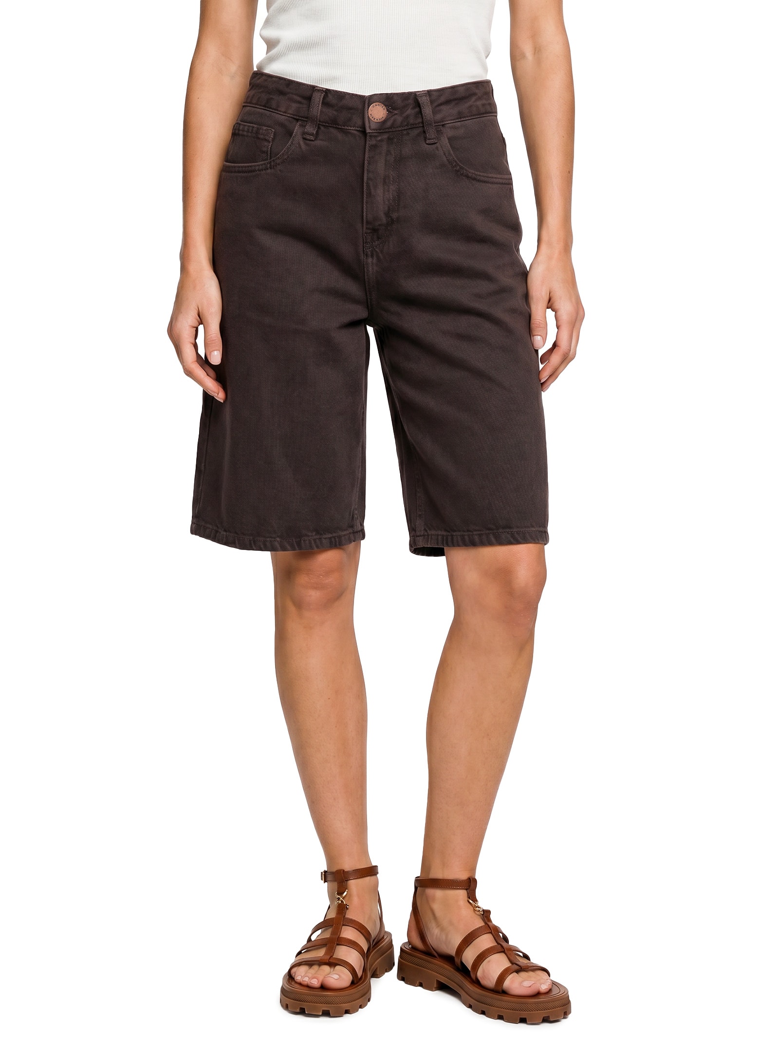 Bermuda Feminina Jeans Sobretinto Marrom Cantão