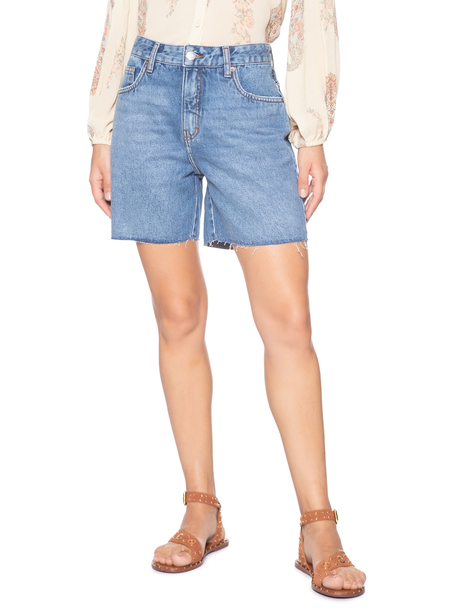 Bermuda Feminina Jeans Used Barra A Fio Azul Maria Filó