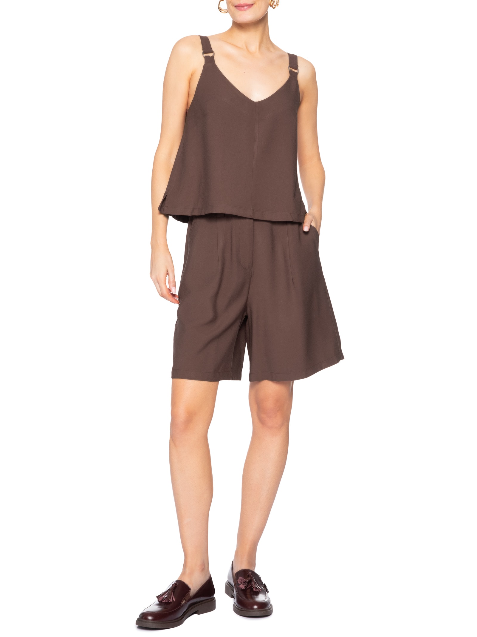 Bermuda Feminina Reta Com Bolso Marrom Basiq