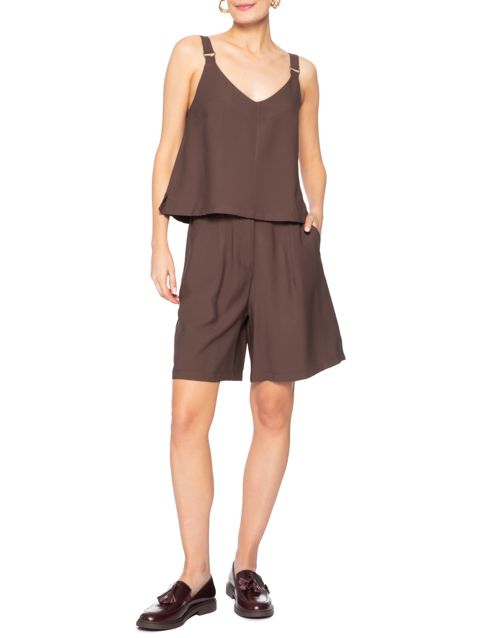 Bermuda Feminina Reta Com Bolso Marrom Basiq