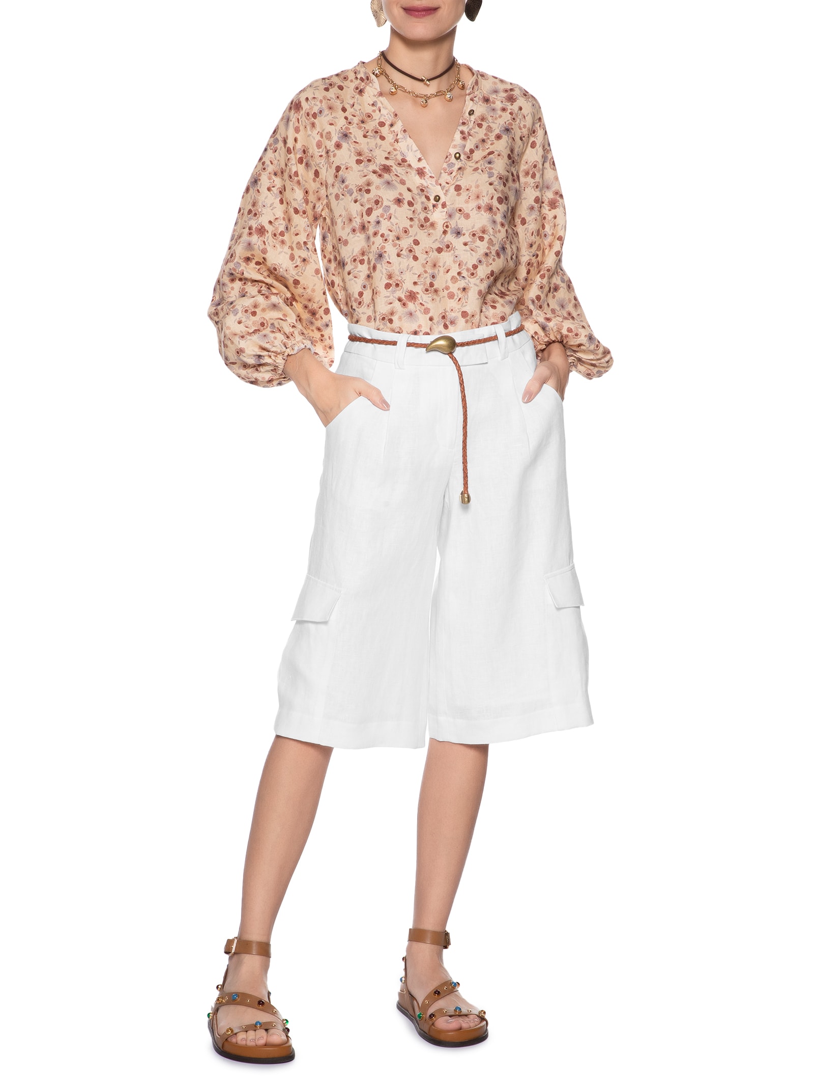 Bermuda Feminina Utilitário Linho Branco Maria Filó