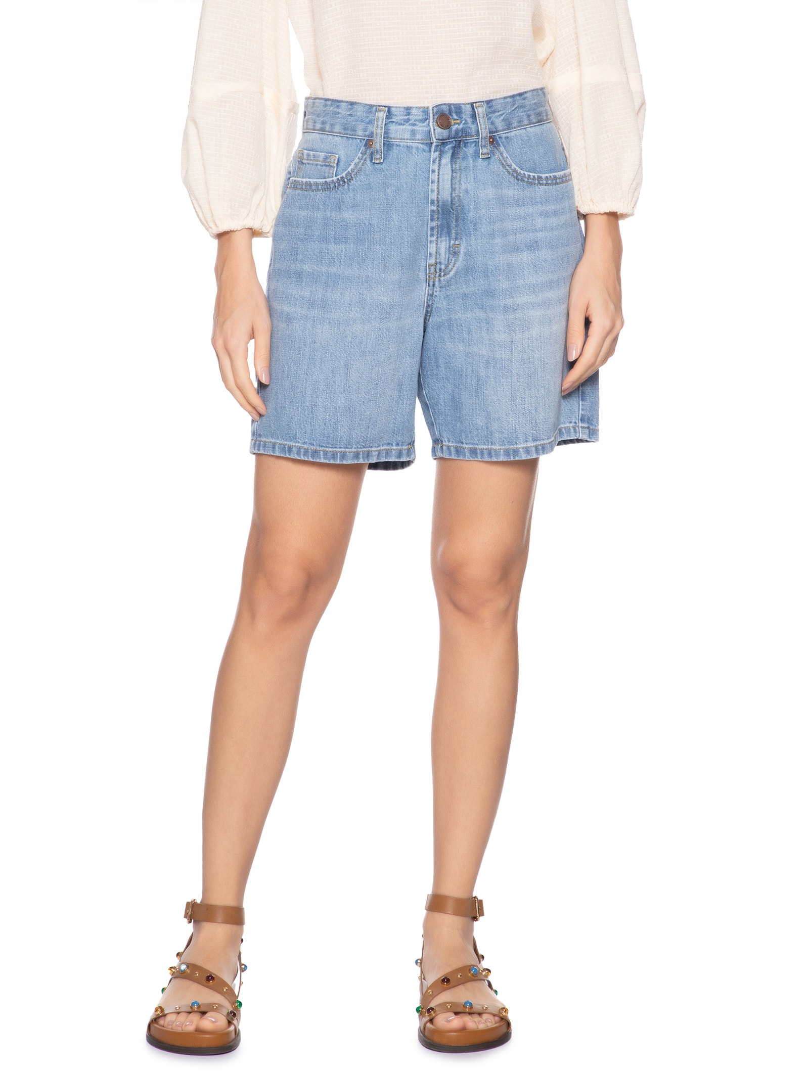 Bermuda Jeans Feminina Com Desgaste Azul Maria Filó
