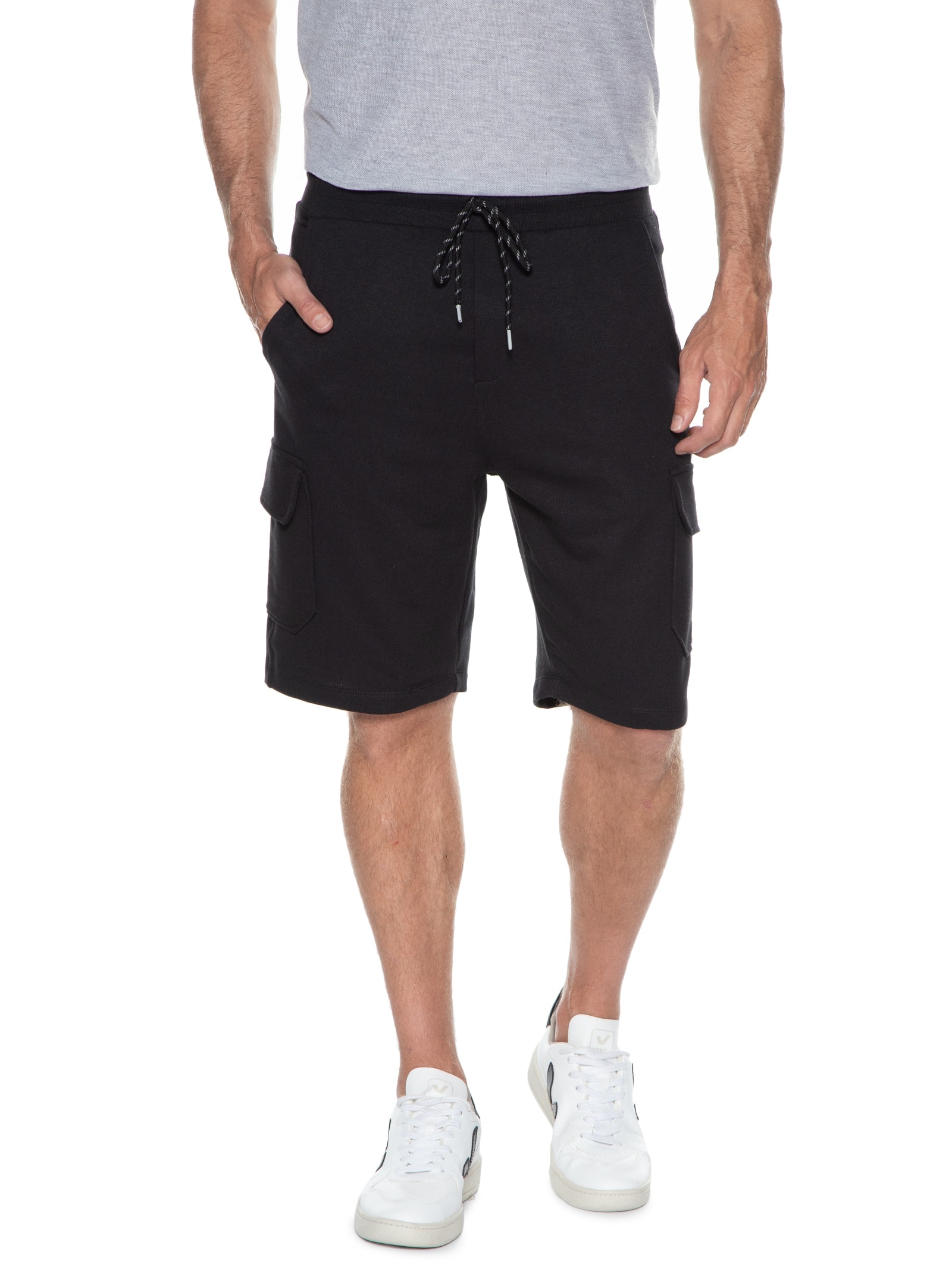 Bermuda Masculina Bolso Cargo Moletom Preto Basiq Men