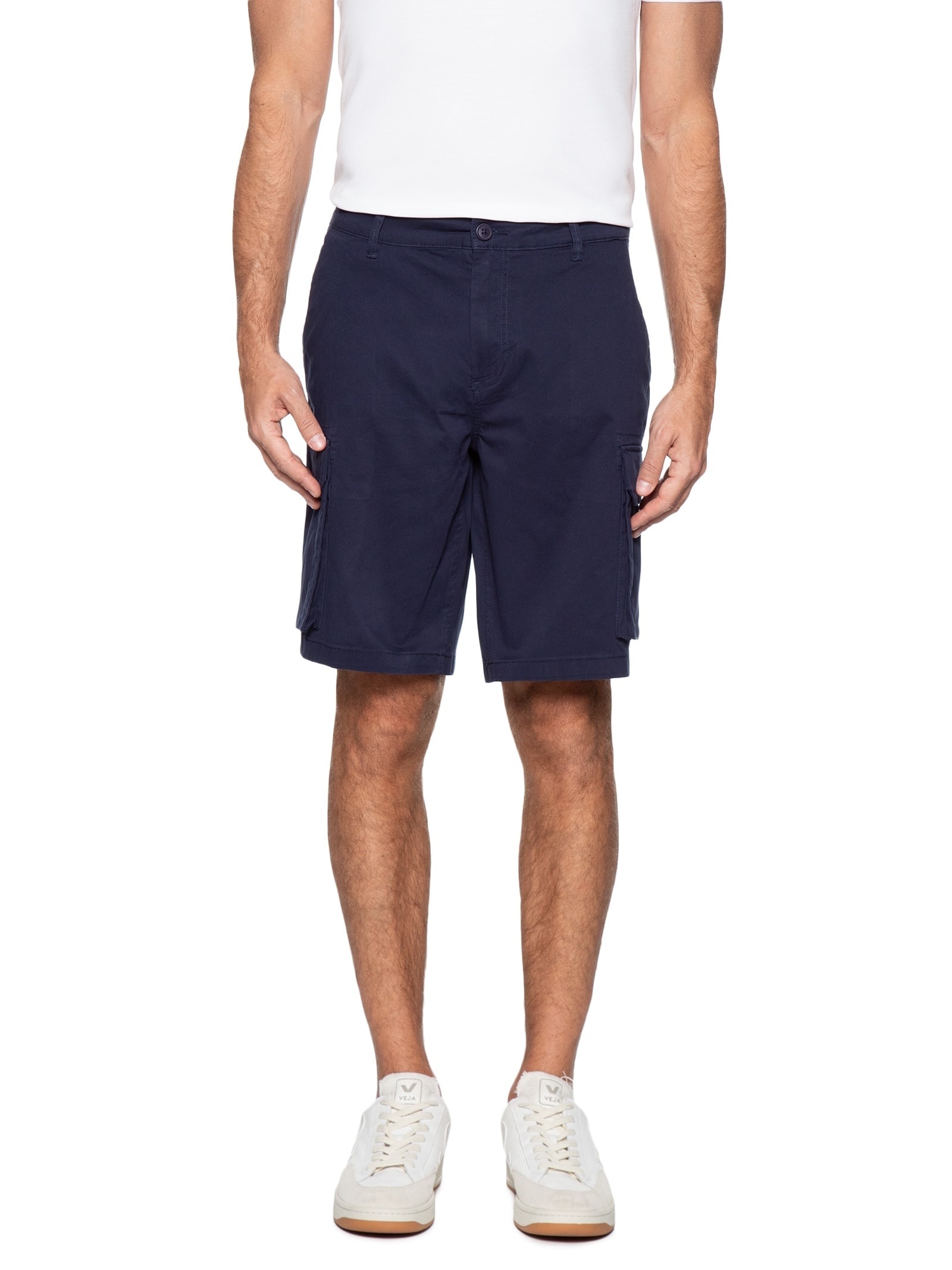 Bermuda Masculina Em Sarja Cargo Azul Basiq Men