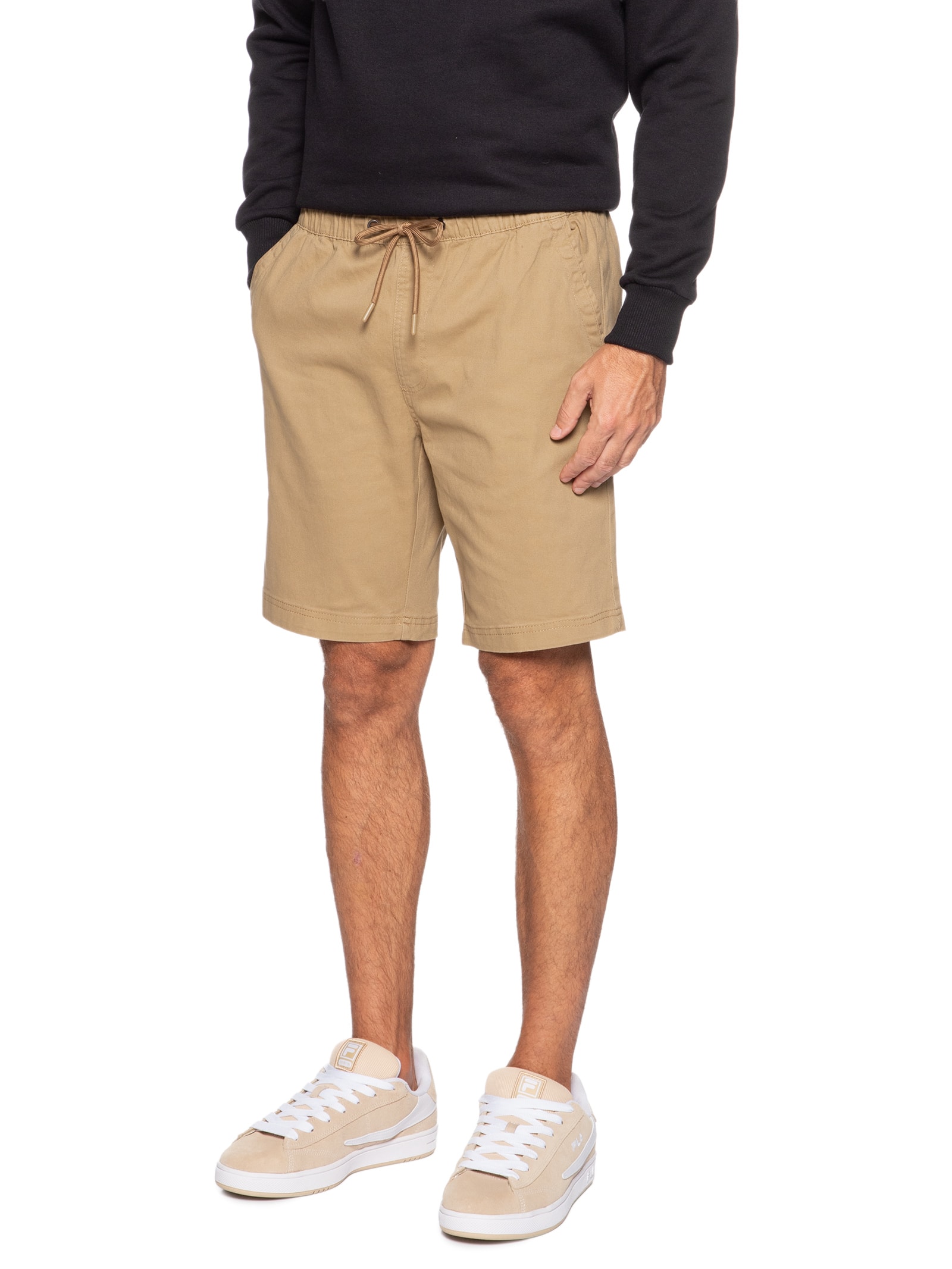 Bermuda Masculina Sarja Cós Elástico Bege Basiq Men