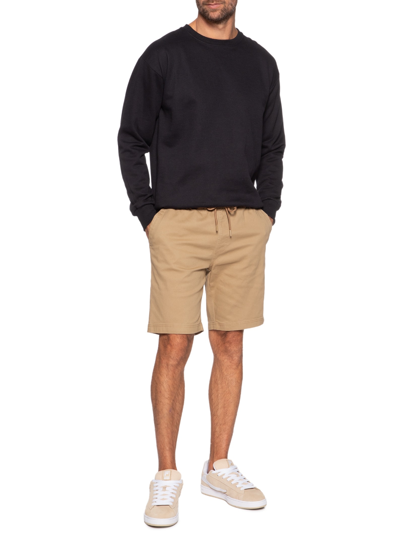 Bermuda Masculina Sarja Cós Elástico Bege Basiq Men