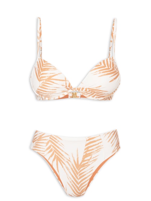 Biquíni Conjunto Top Meia Taça e Calcinha Estampada – Off White