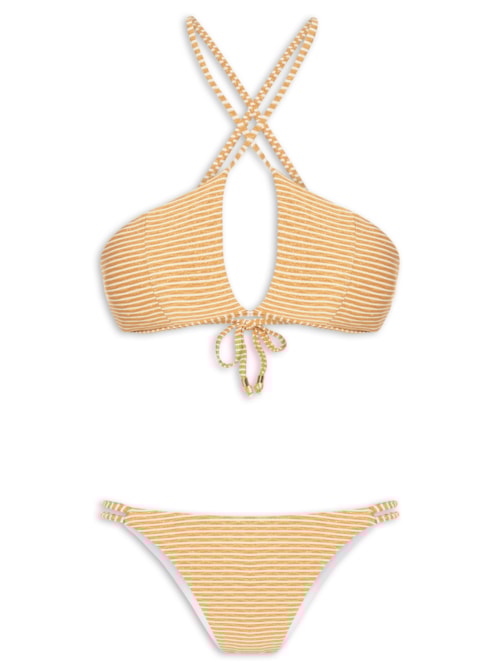 Biquíni Listrado Feminino Com Decote Cruzado – Bege