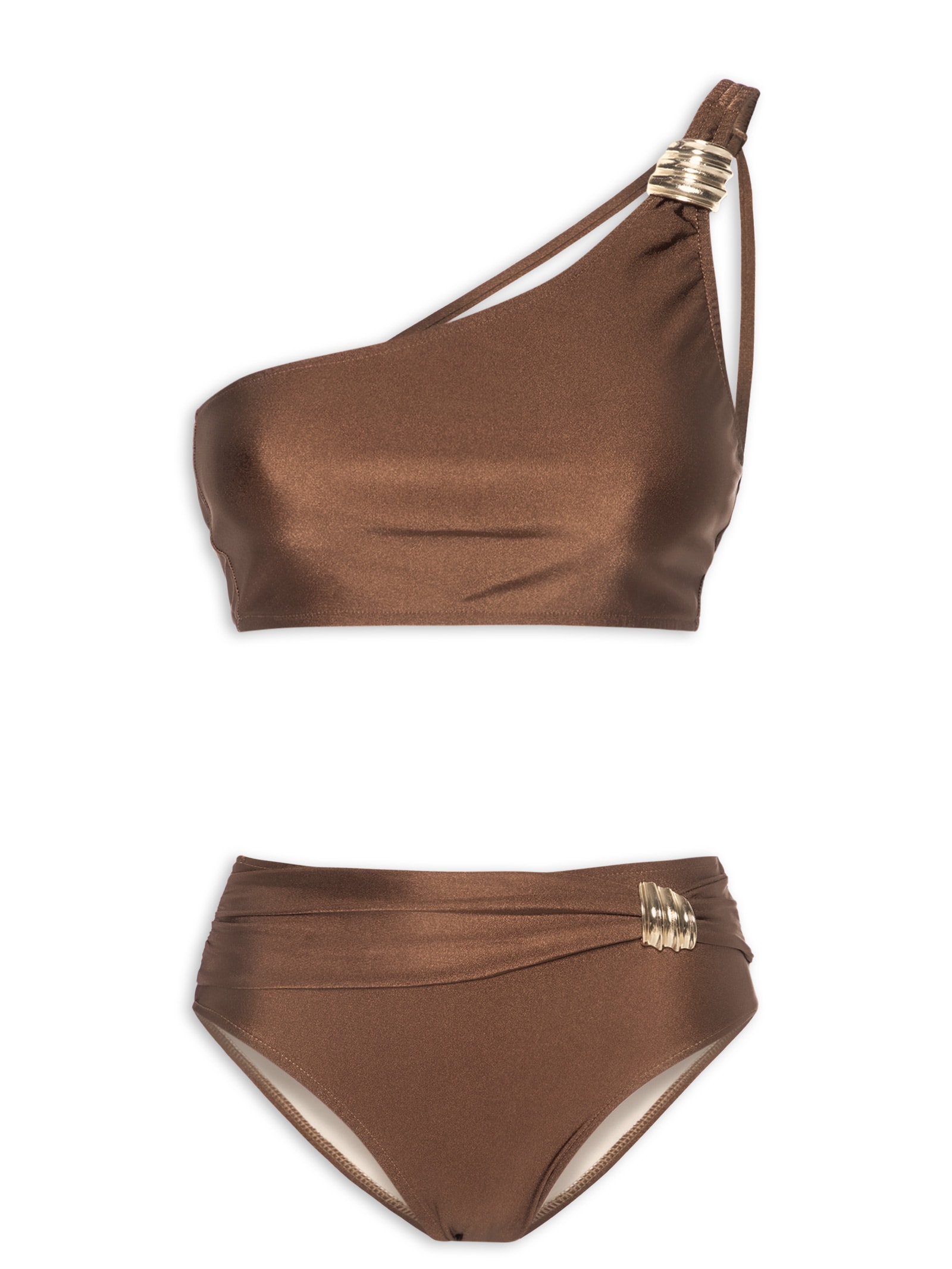 Biquíni Ombro Único Com Hot Pants Marrom '2Essential