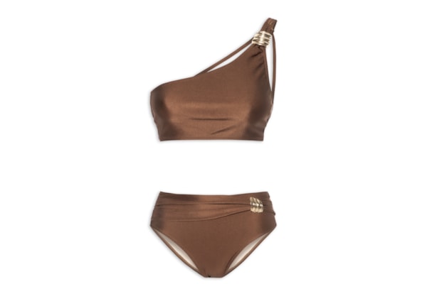 Biquíni Ombro Único Com Hot Pants - Marrom