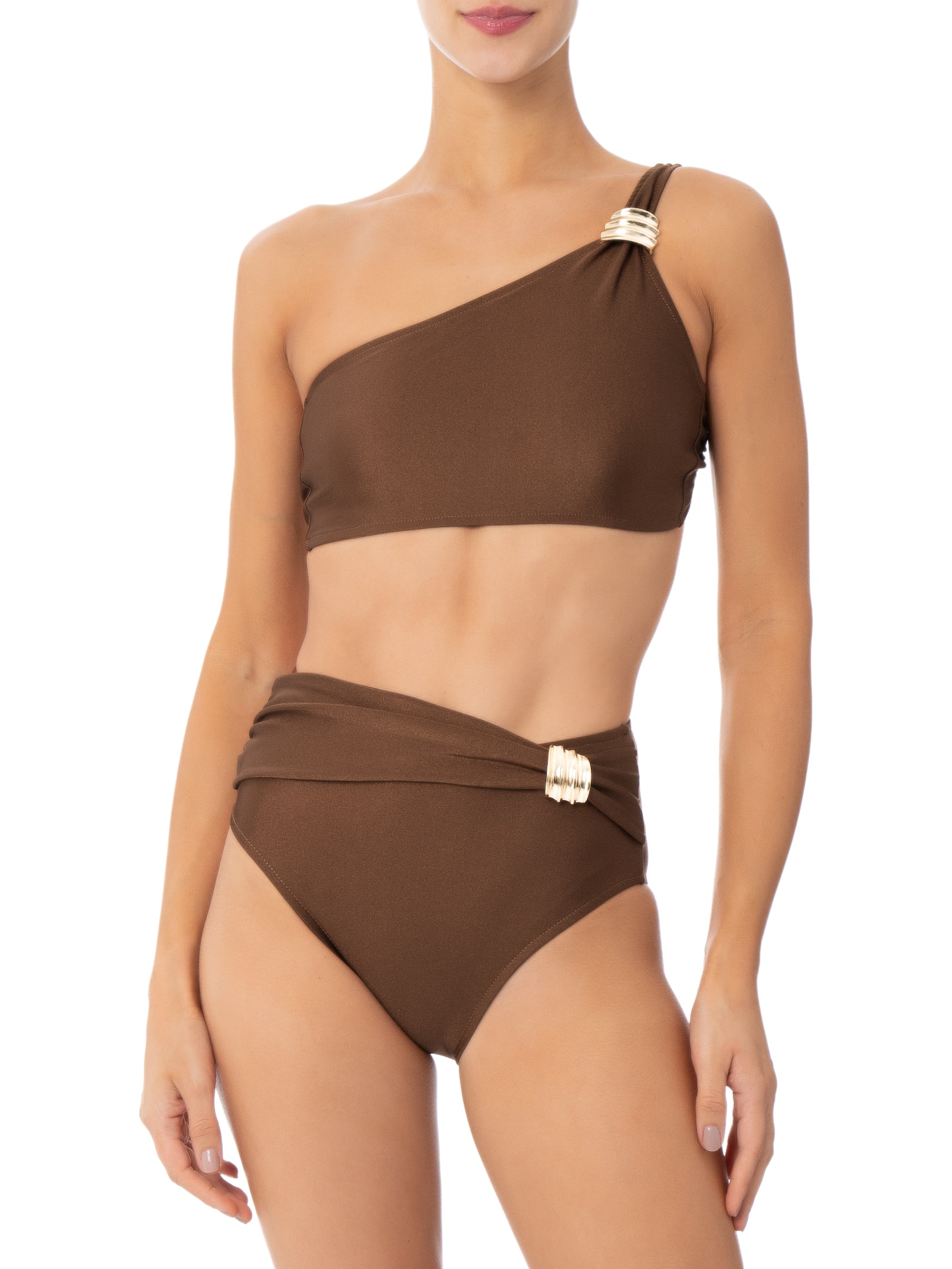 Biquíni Ombro Único Com Hot Pants Marrom '2Essential