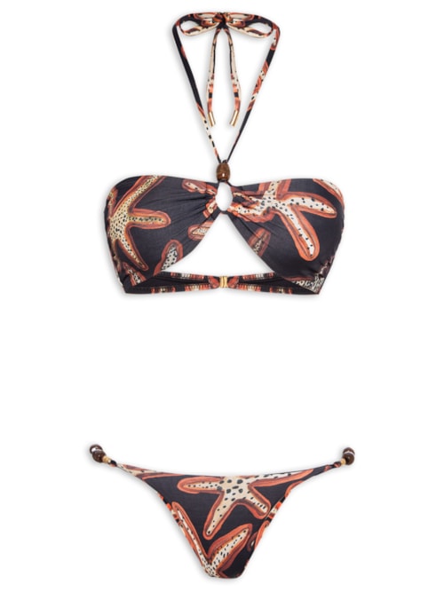 Biquini Top Bandeau Alça Com Pedras Estampa – Preto