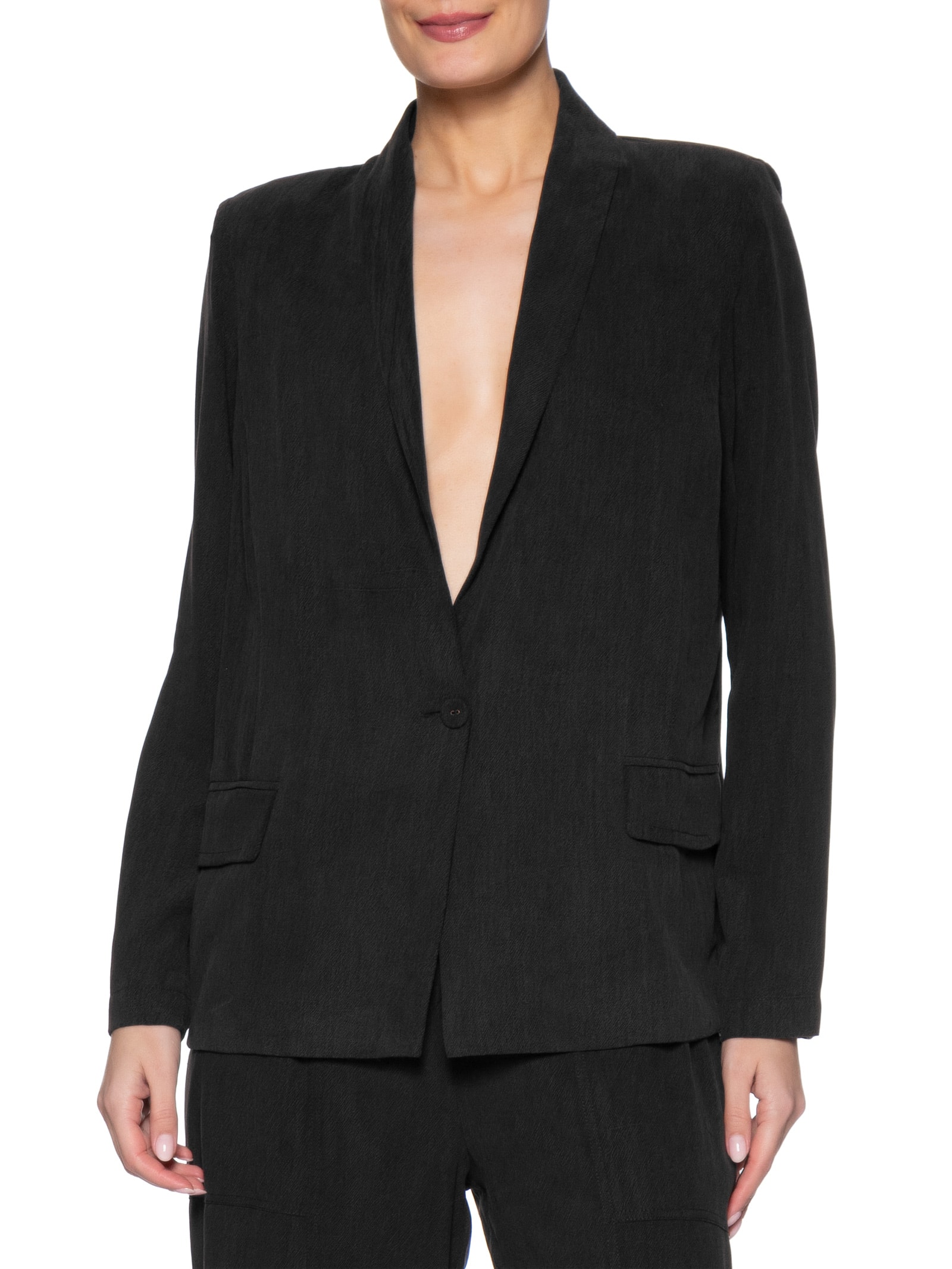 Blazer Alfaiataria Feminino com Bolsos  Preto Maria Filó