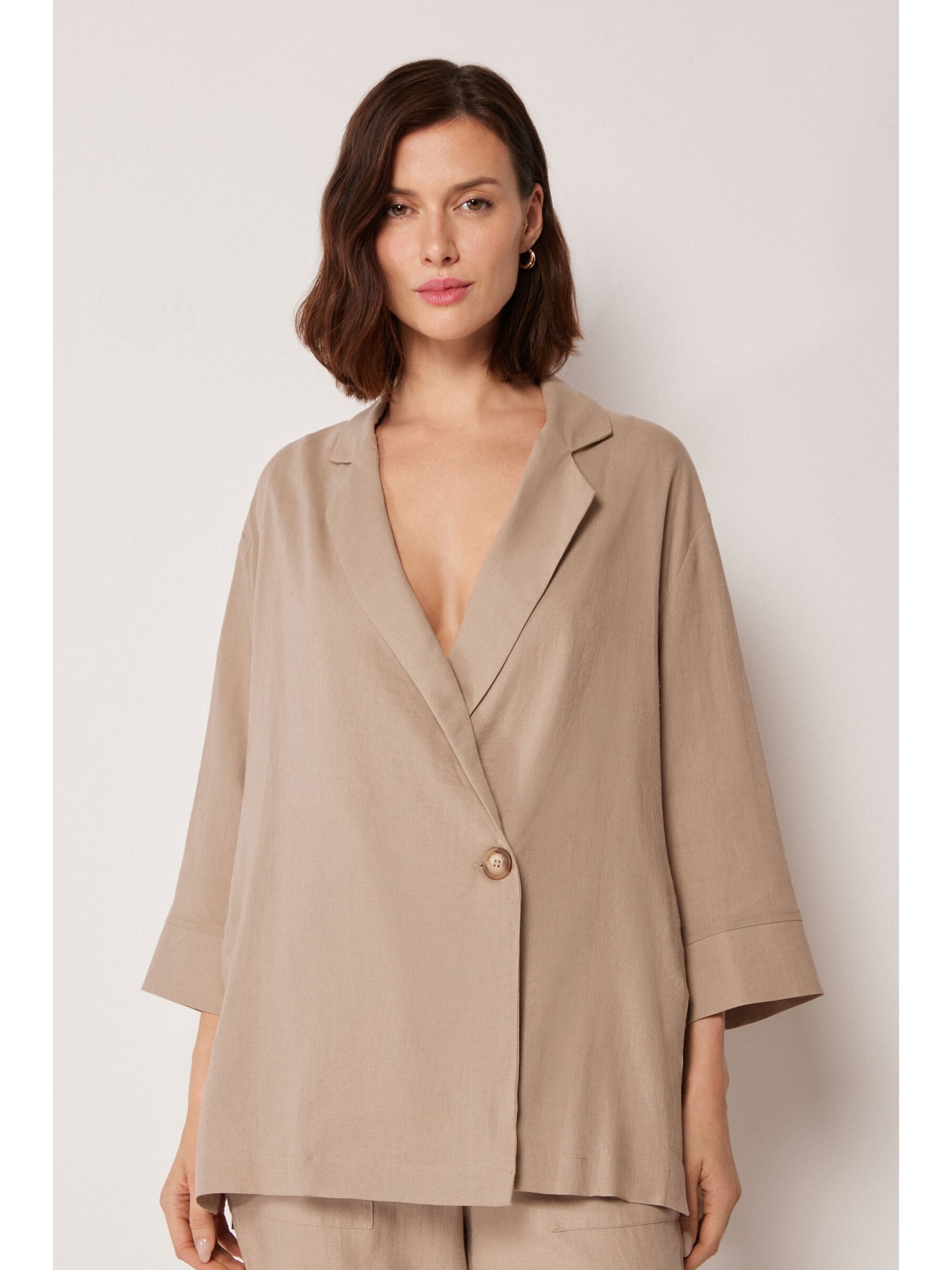 Blazer Em Linho e Viscose Bege Calzedonia