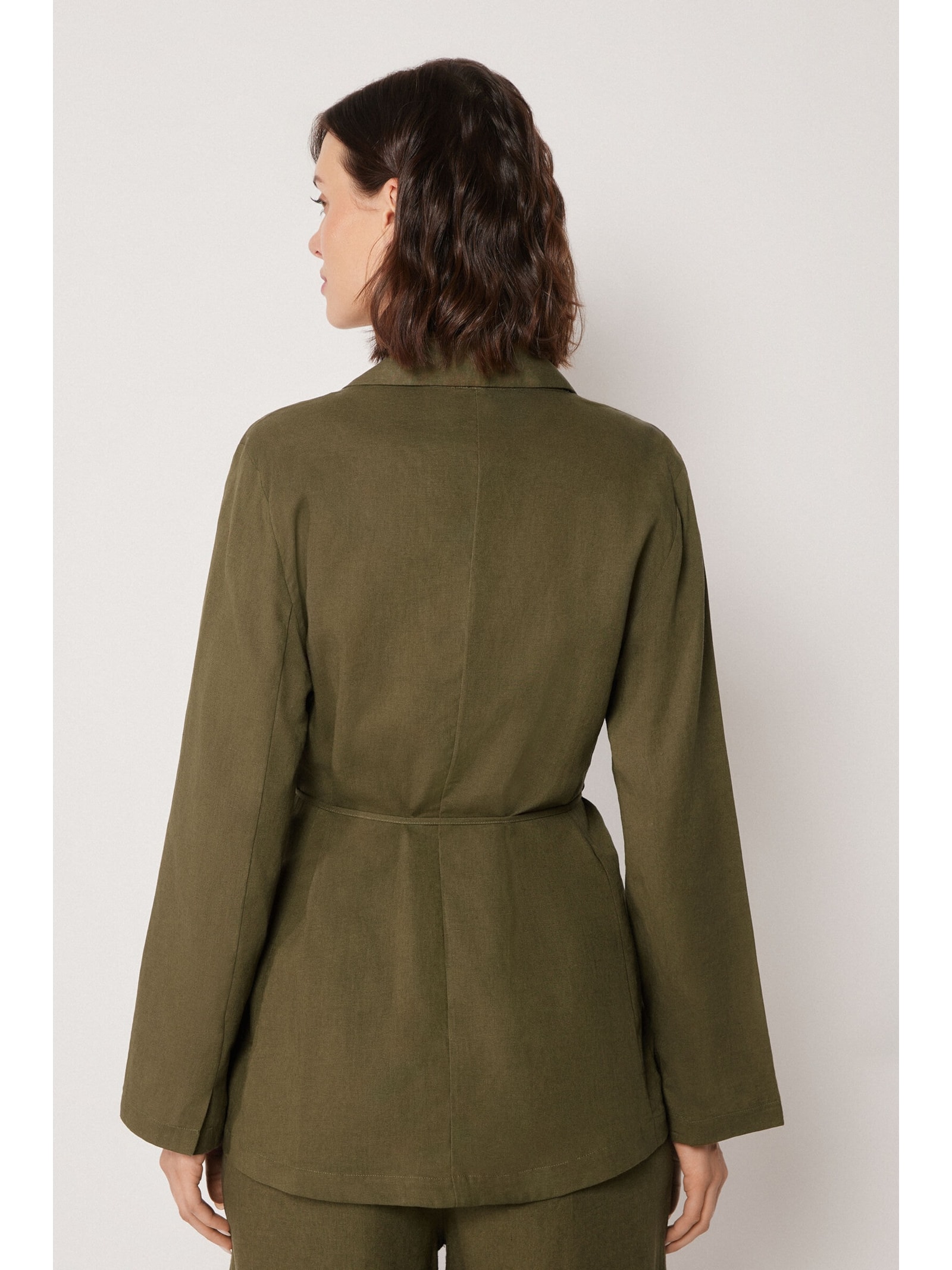 Blazer Em Linho e Viscose Com Cinto Verde Calzedonia