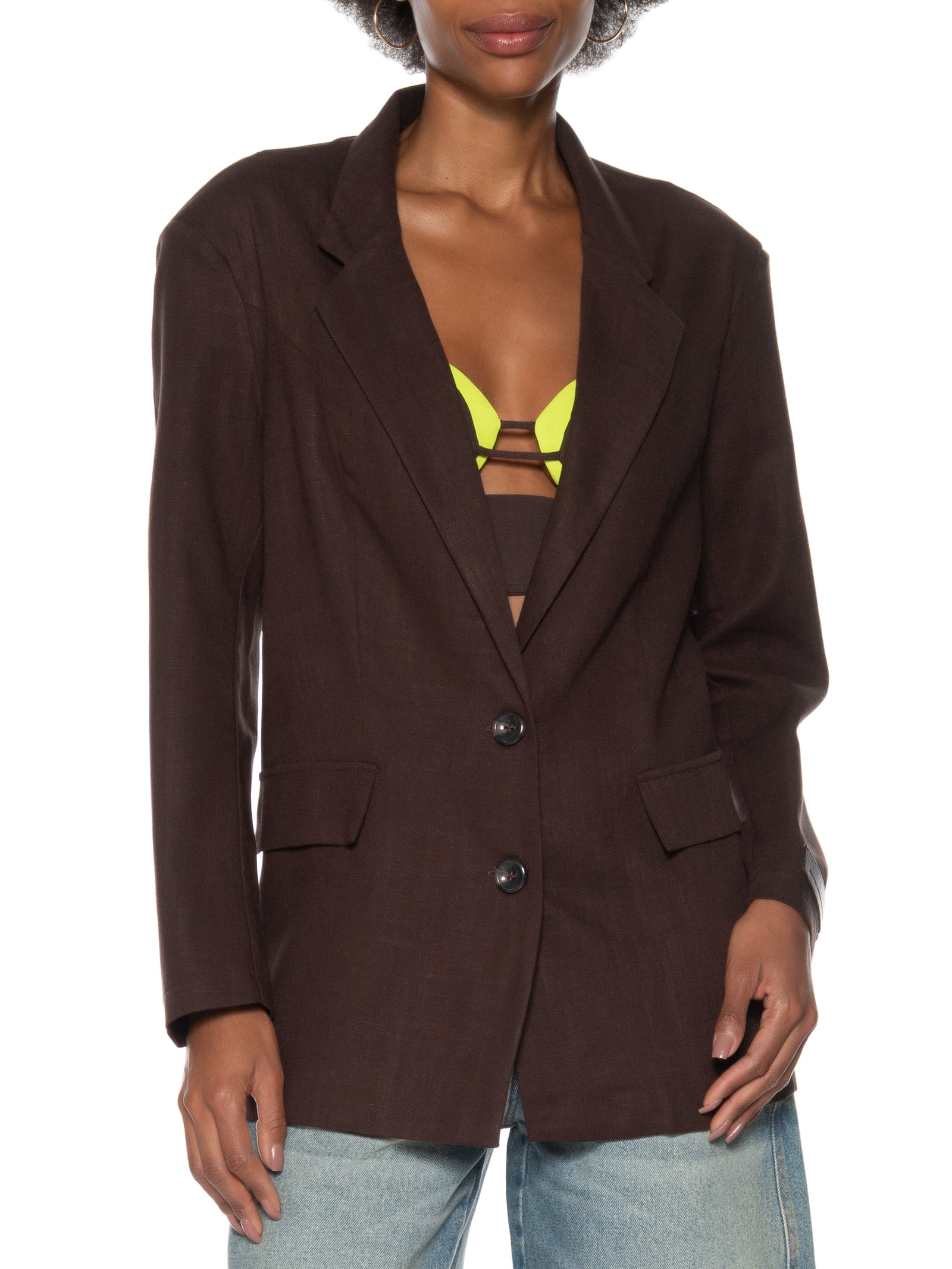 Blazer Feminino Abertura Costas Com Linho Marrom My Favorite
