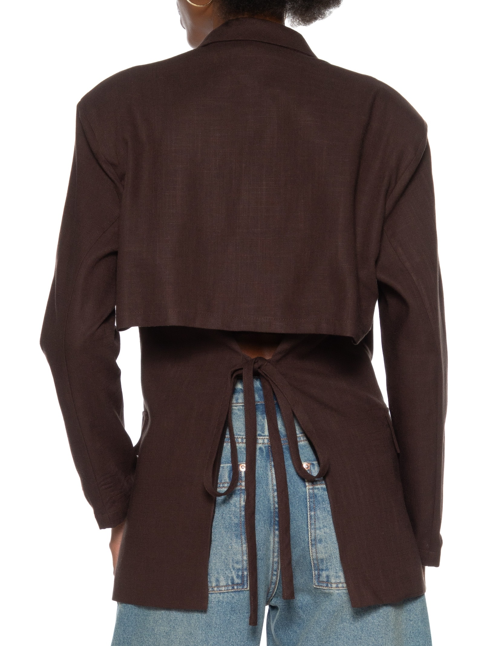 Blazer Feminino Abertura Costas Com Linho Marrom My Favorite