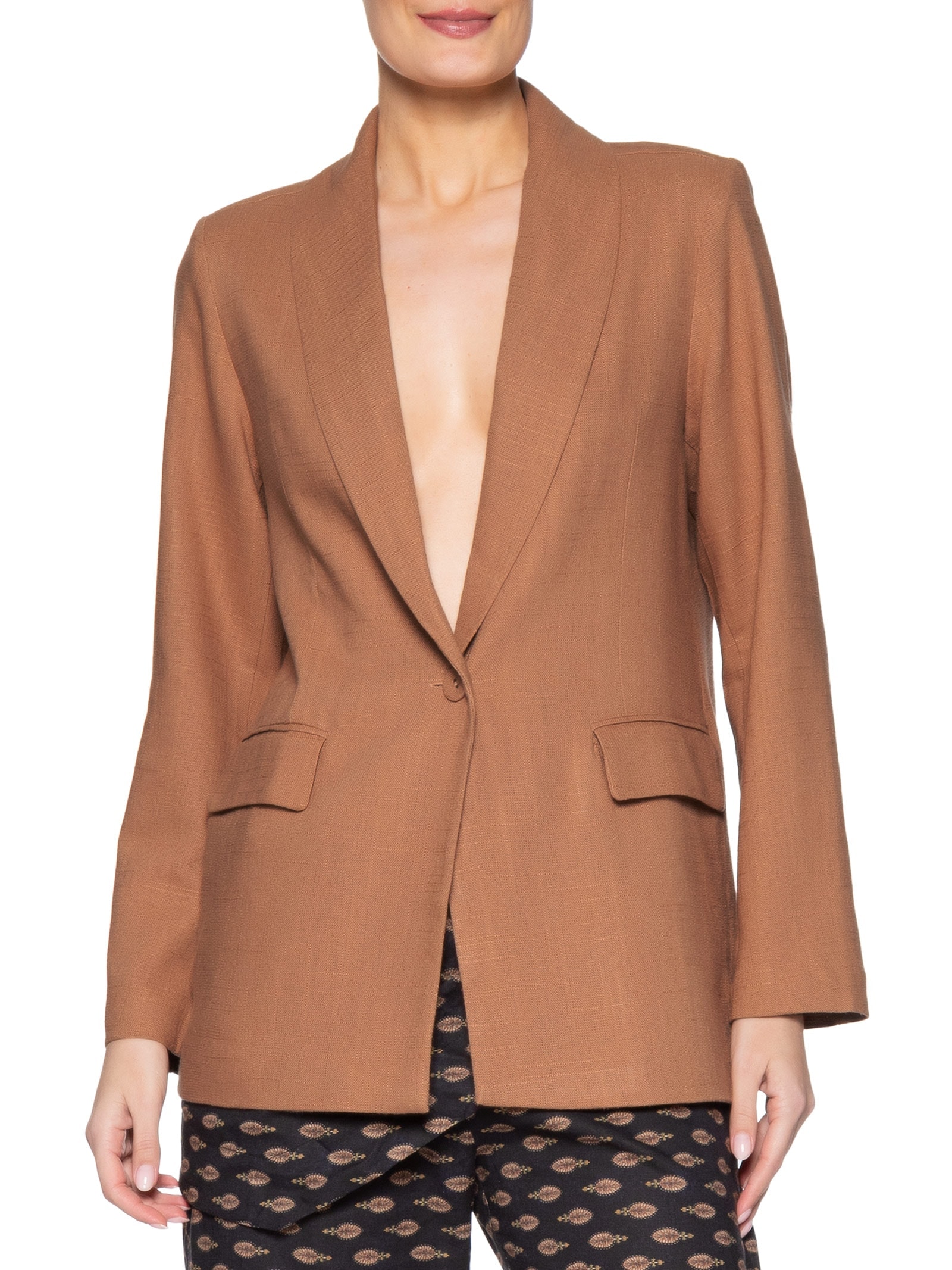Blazer Feminino Alfaiataria Bolso Frontal Marrom Maria Filó