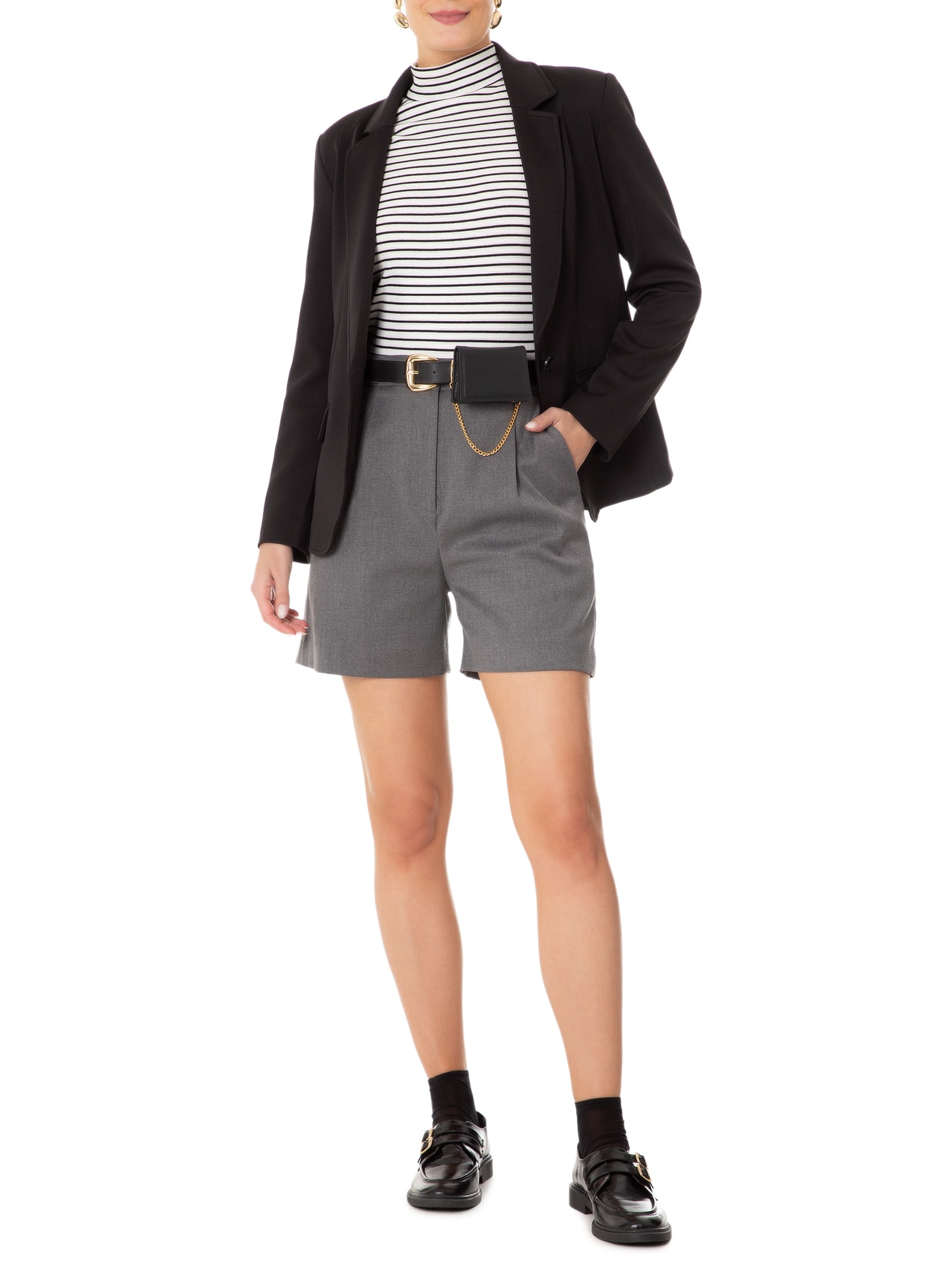 Blazer Feminino Alfaiataria Com Bolsos Frontais Preto Basiq