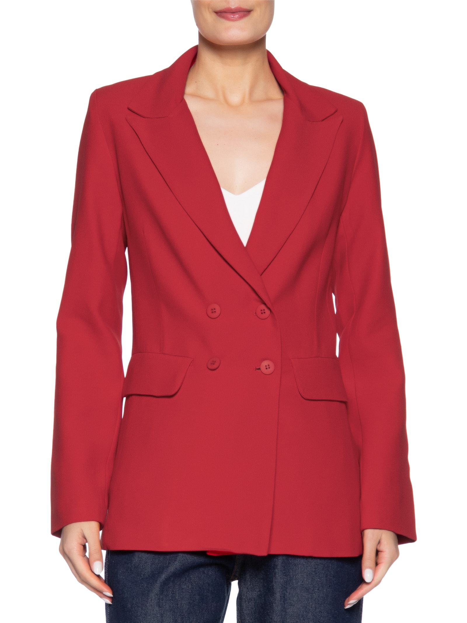 Blazer Feminino Alongado Com Ombreiras Em Crepe Vermelho '2Essential
